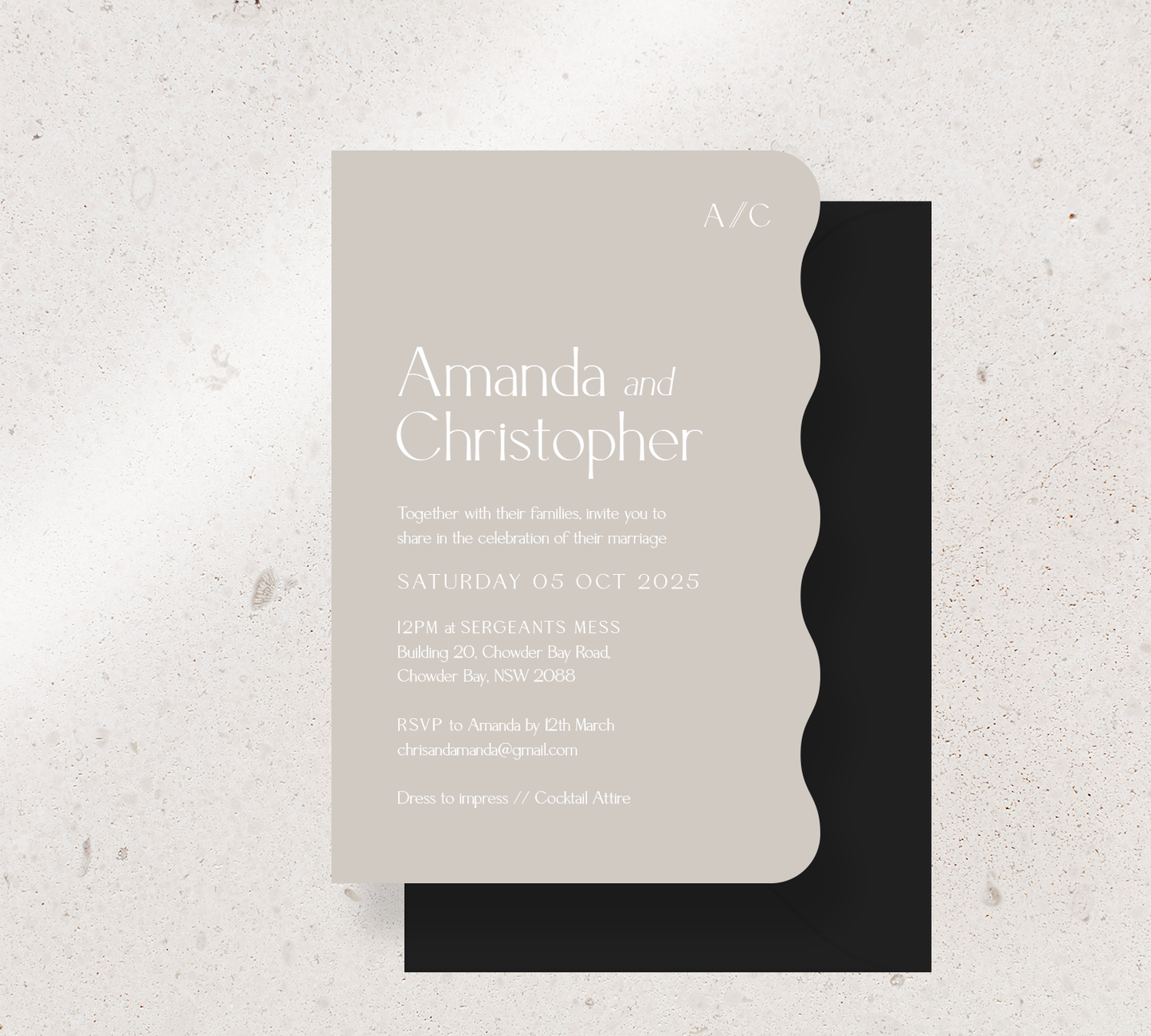 Customisable Wiggle shape invitation design from our Estate collection - White ink on Stone card, paired here with a black envelope