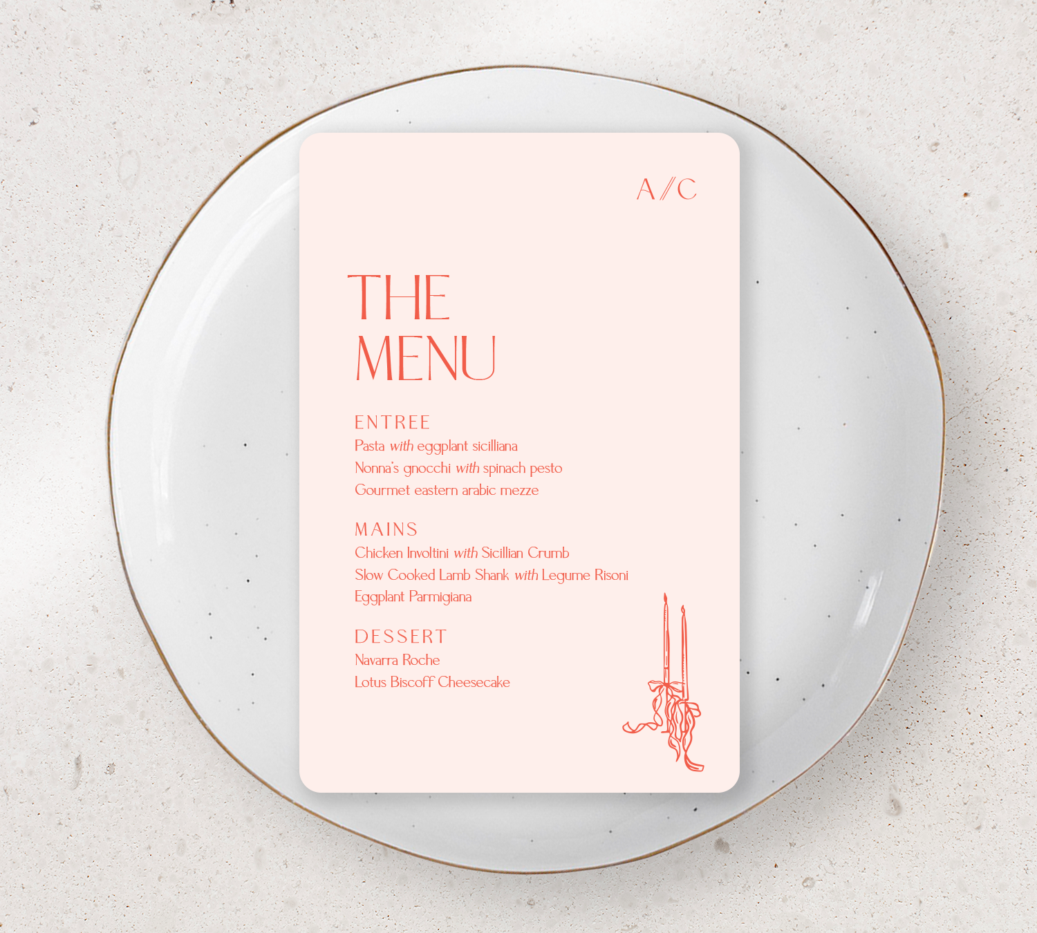 Guest Menu from our Forever Collection - Cayenne ink on Nude card