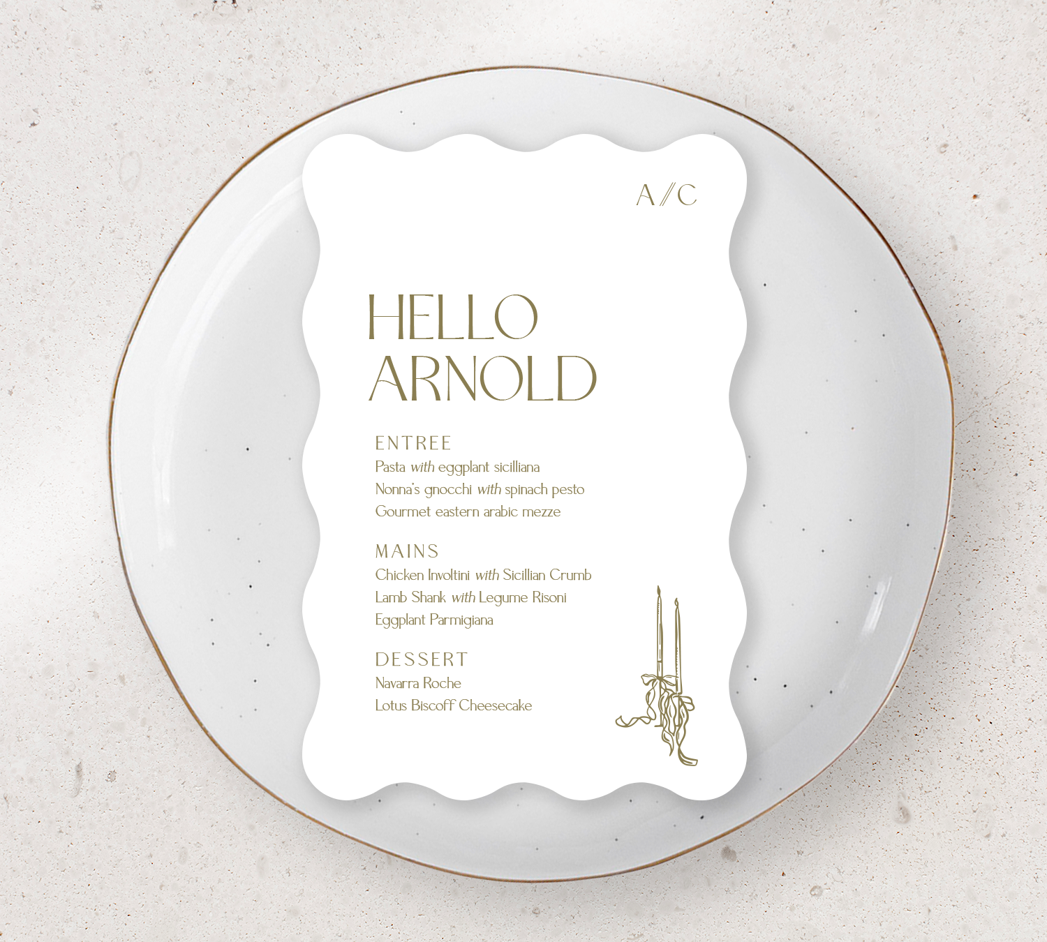 Wave Guest Menu from our Forever Collection - Olive ink on White card