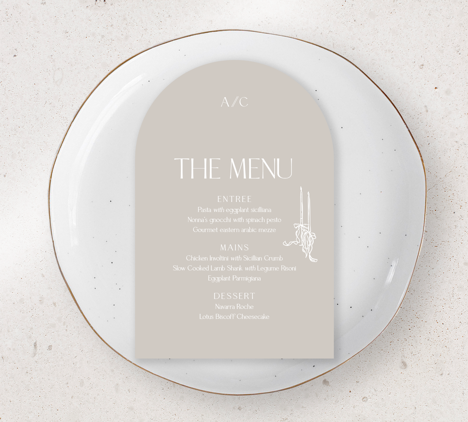 Arch Guest Menu from our Forever Collection - White ink on Stone card