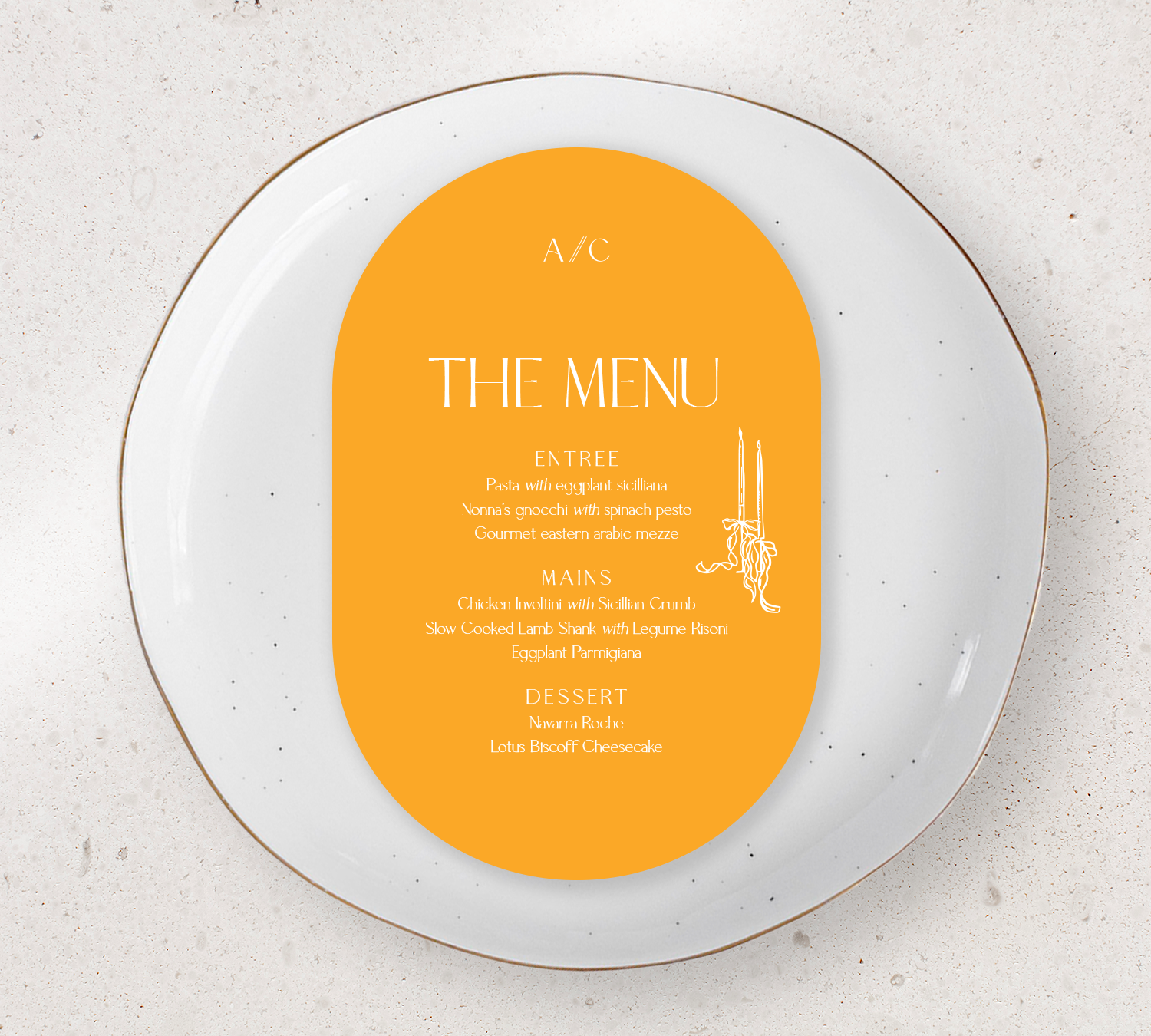 Oval Guest Menu from our Forever Collection - White ink on Pumpkin card
