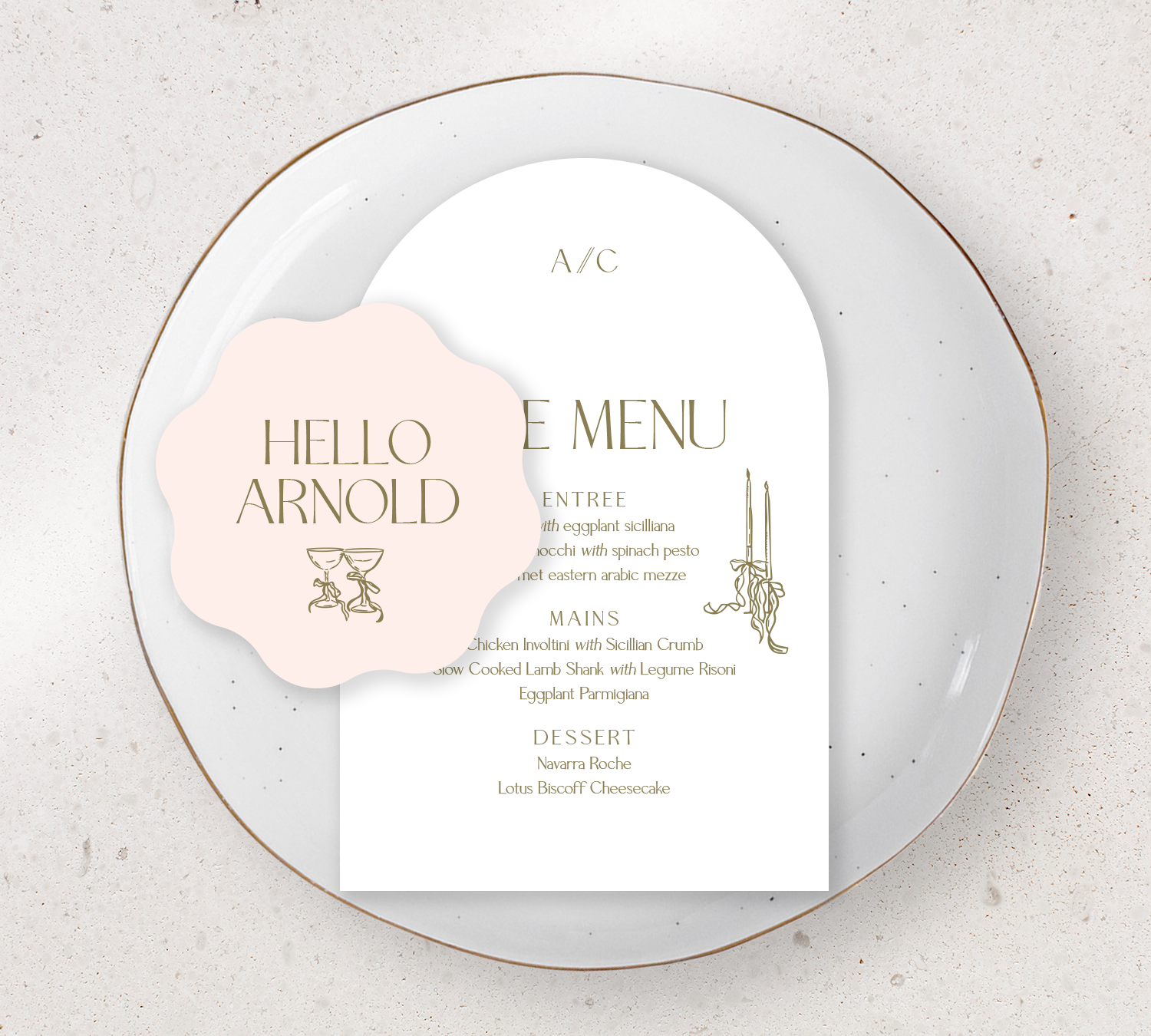 Place setting from our Forever collection - Guest Menu and Place Card Combo