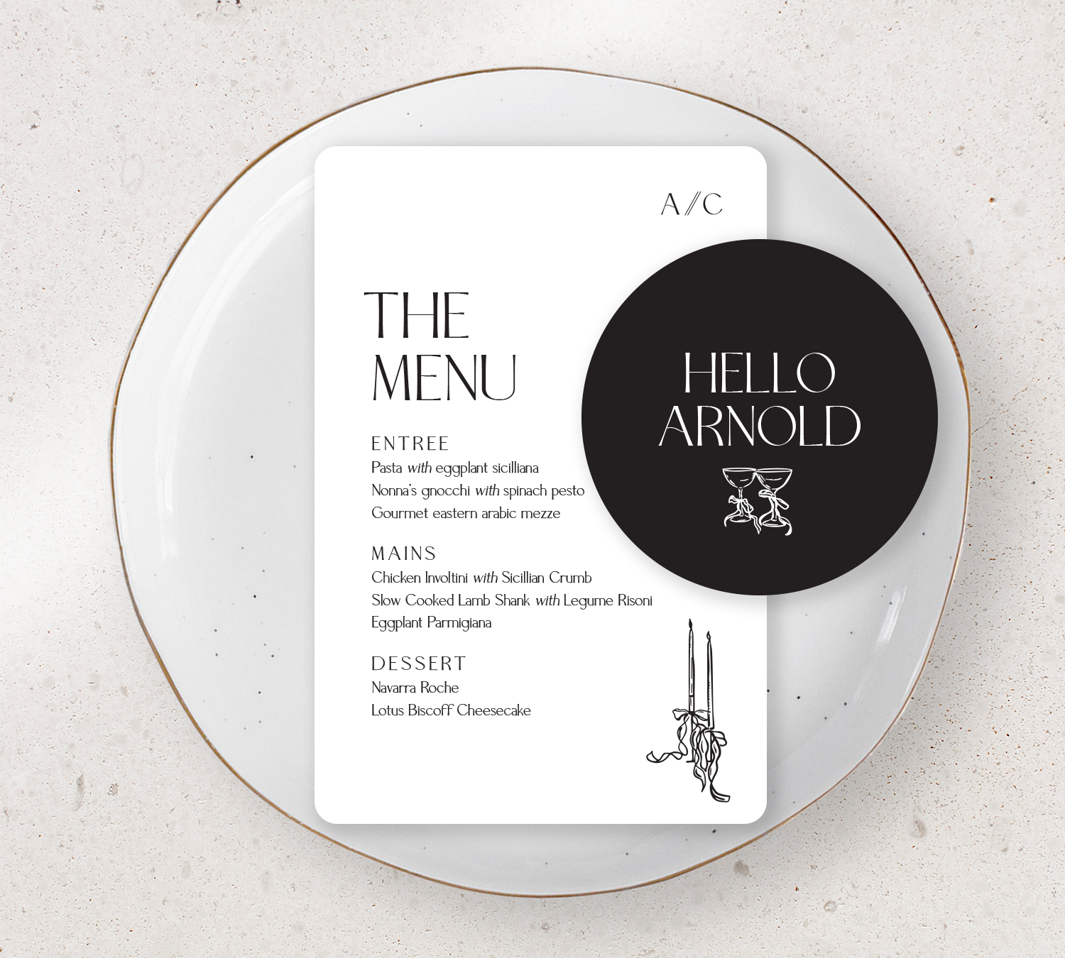 Place setting from our Forever collection - Guest Menu and Place Card Combo
