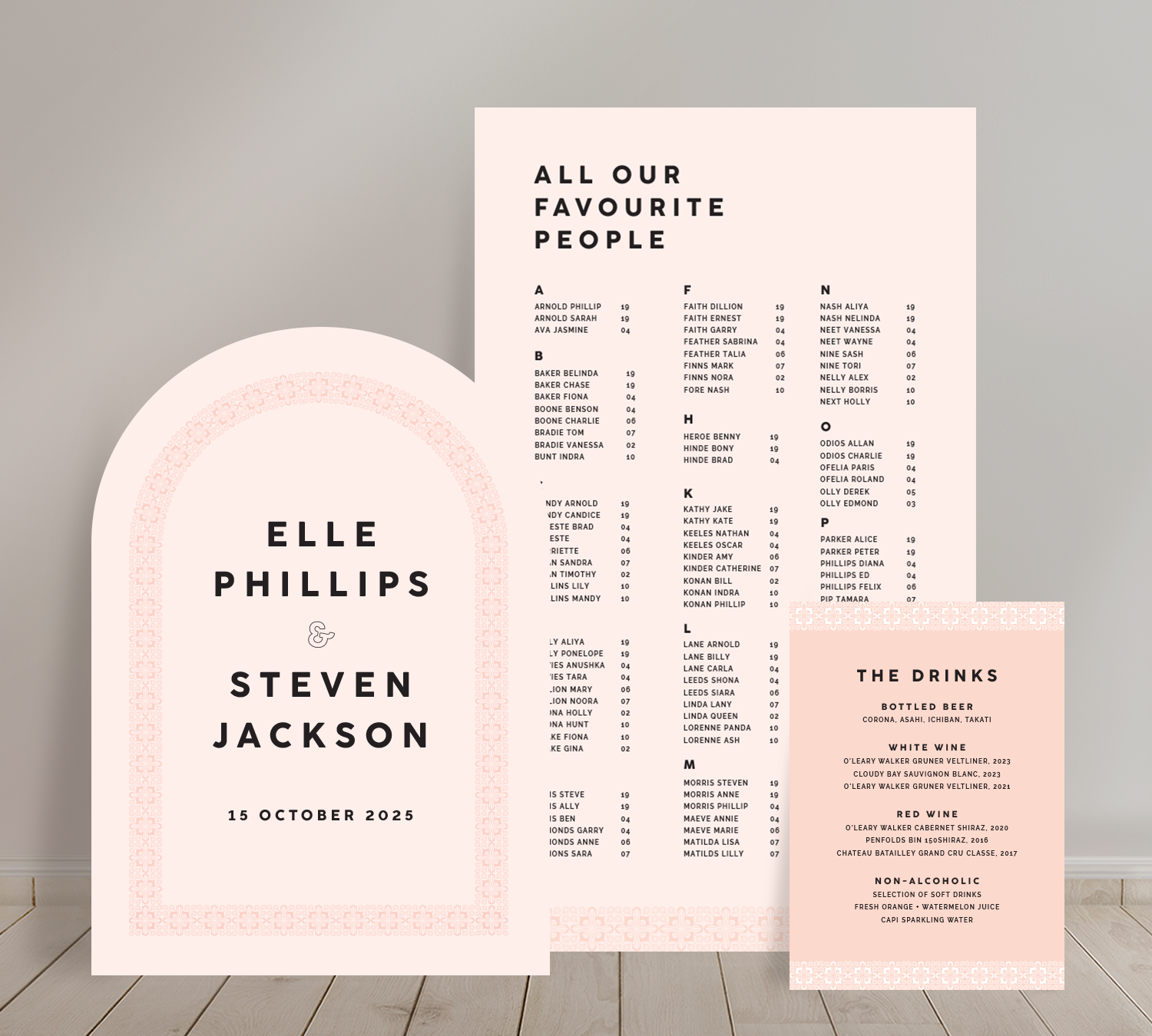 Cost effective Signage Trio from our Grace collection - Welcome sign, Seating chart & Bar Sign Combo