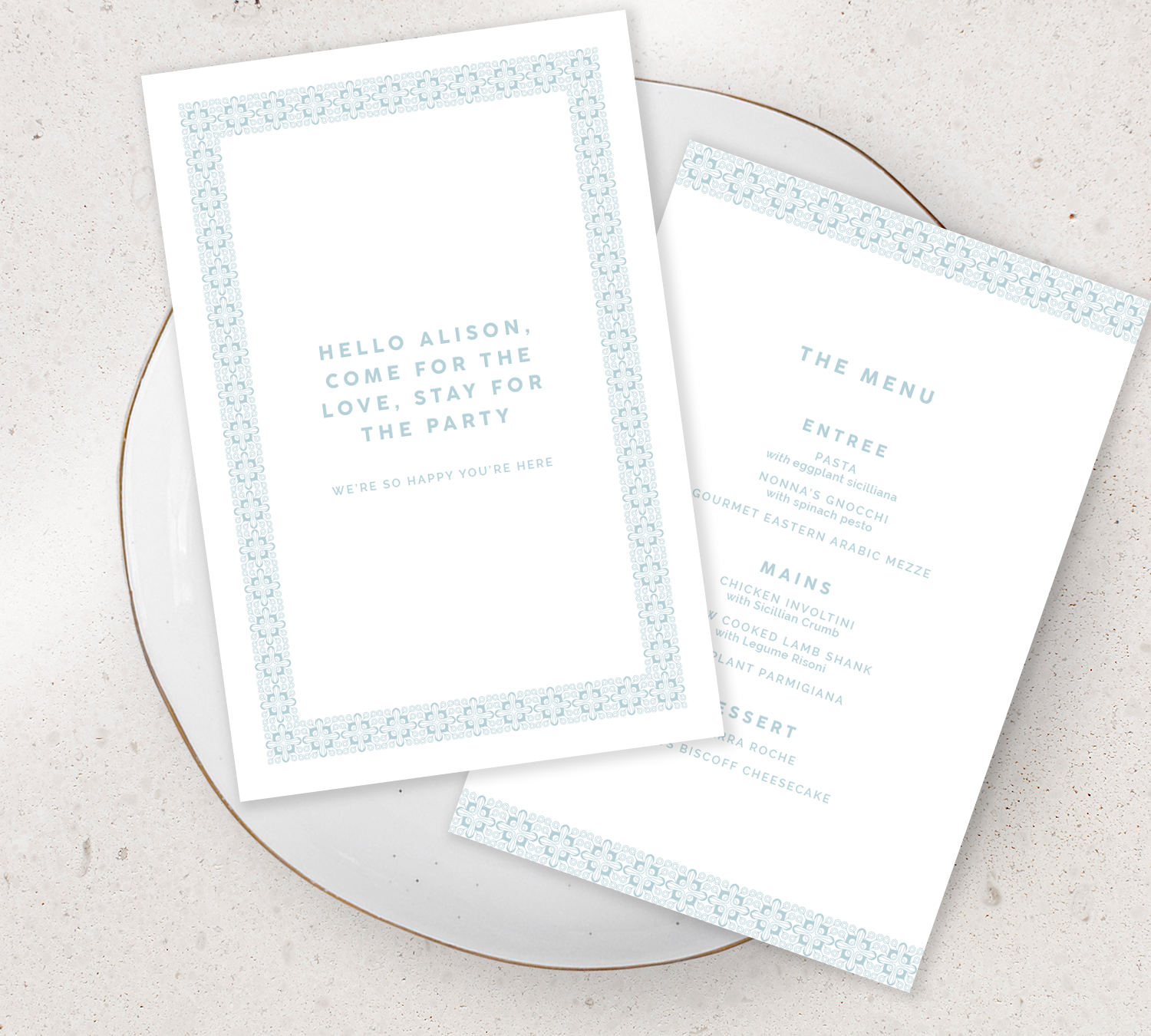 Double sided Guest Menu from our Grace Collection - Duck egg blue ink on White card