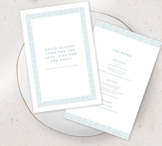 Double sided Guest Menu from our Grace Collection - Duck egg blue ink on White card
