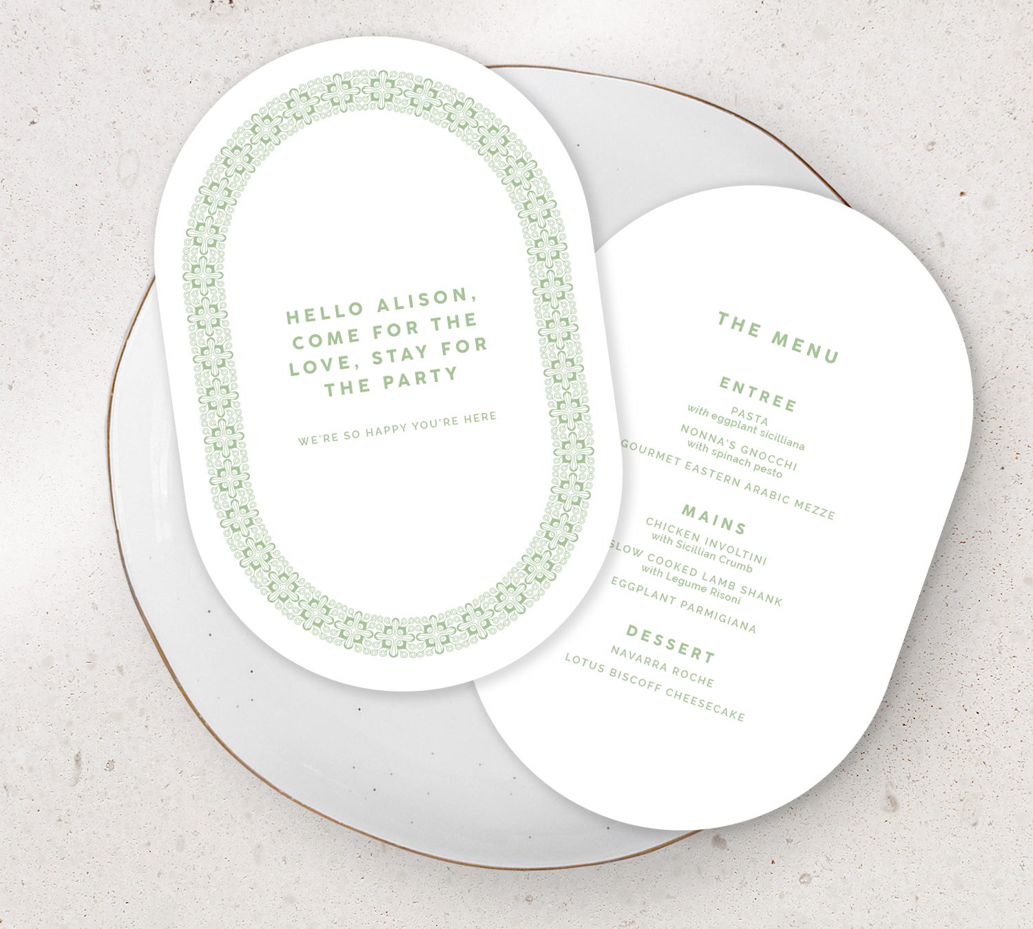 Double sided oval Guest Menu from our Grace Collection - Pear green ink on White card