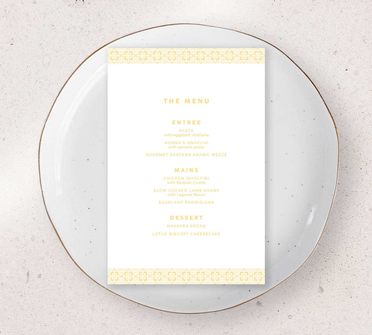 Guest Menu from our Grace Collection - Lemon yellow ink on White card