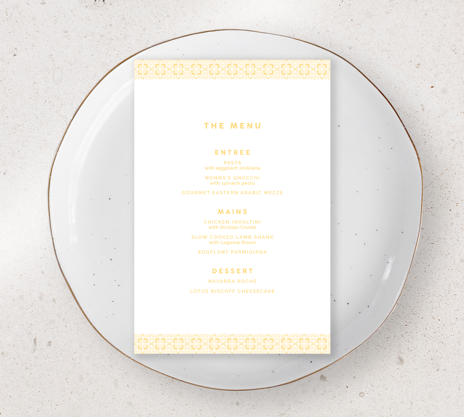 Guest Menu from our Grace Collection - Lemon yellow ink on White card