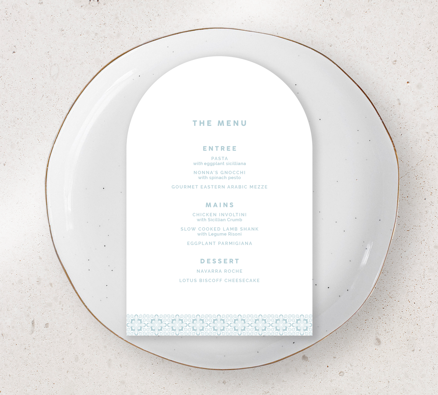 Arch Guest Menu from our Grace Collection - Duck egg blue ink on White card