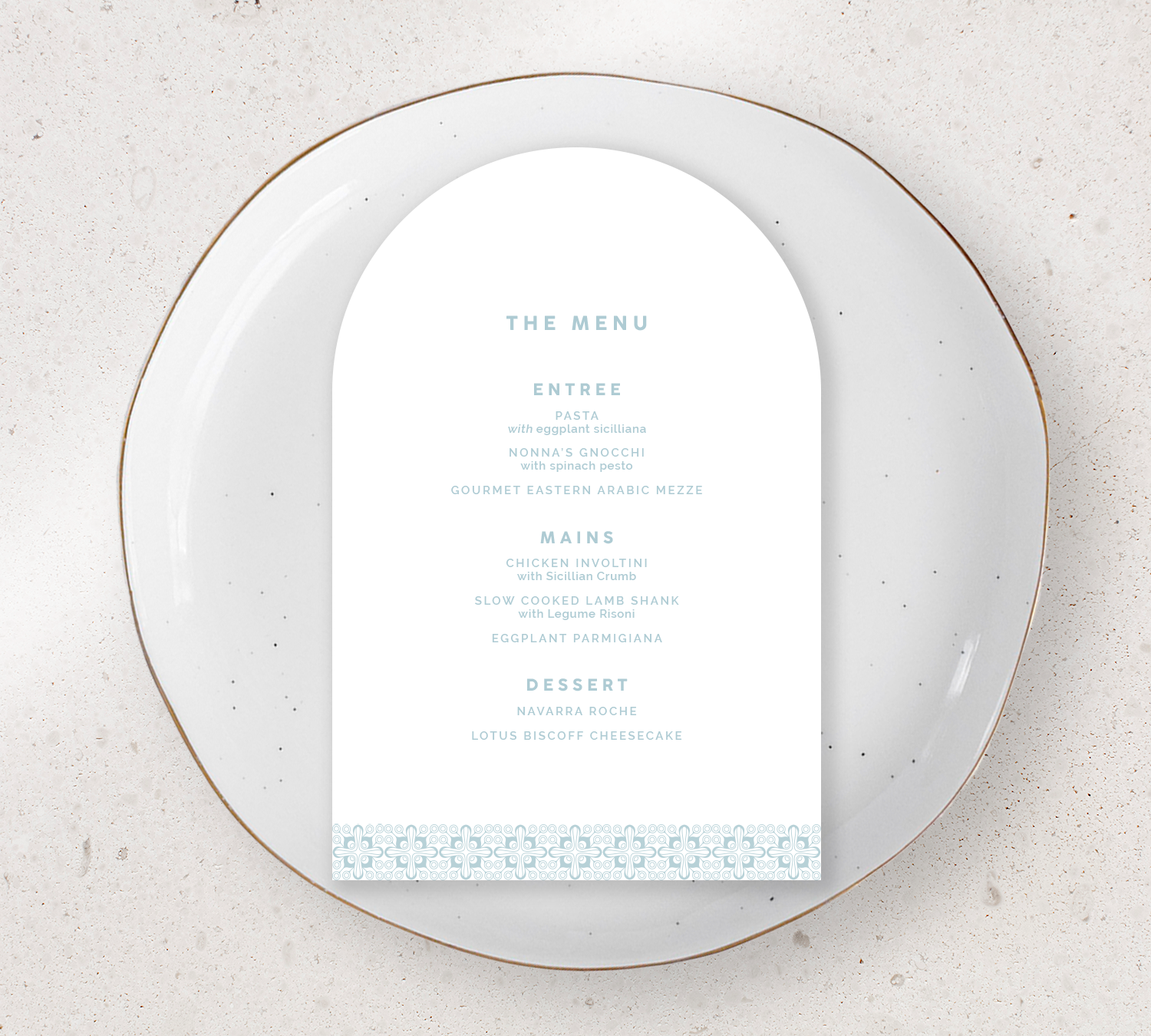 Arch Guest Menu from our Grace Collection - Duck egg blue ink on White card