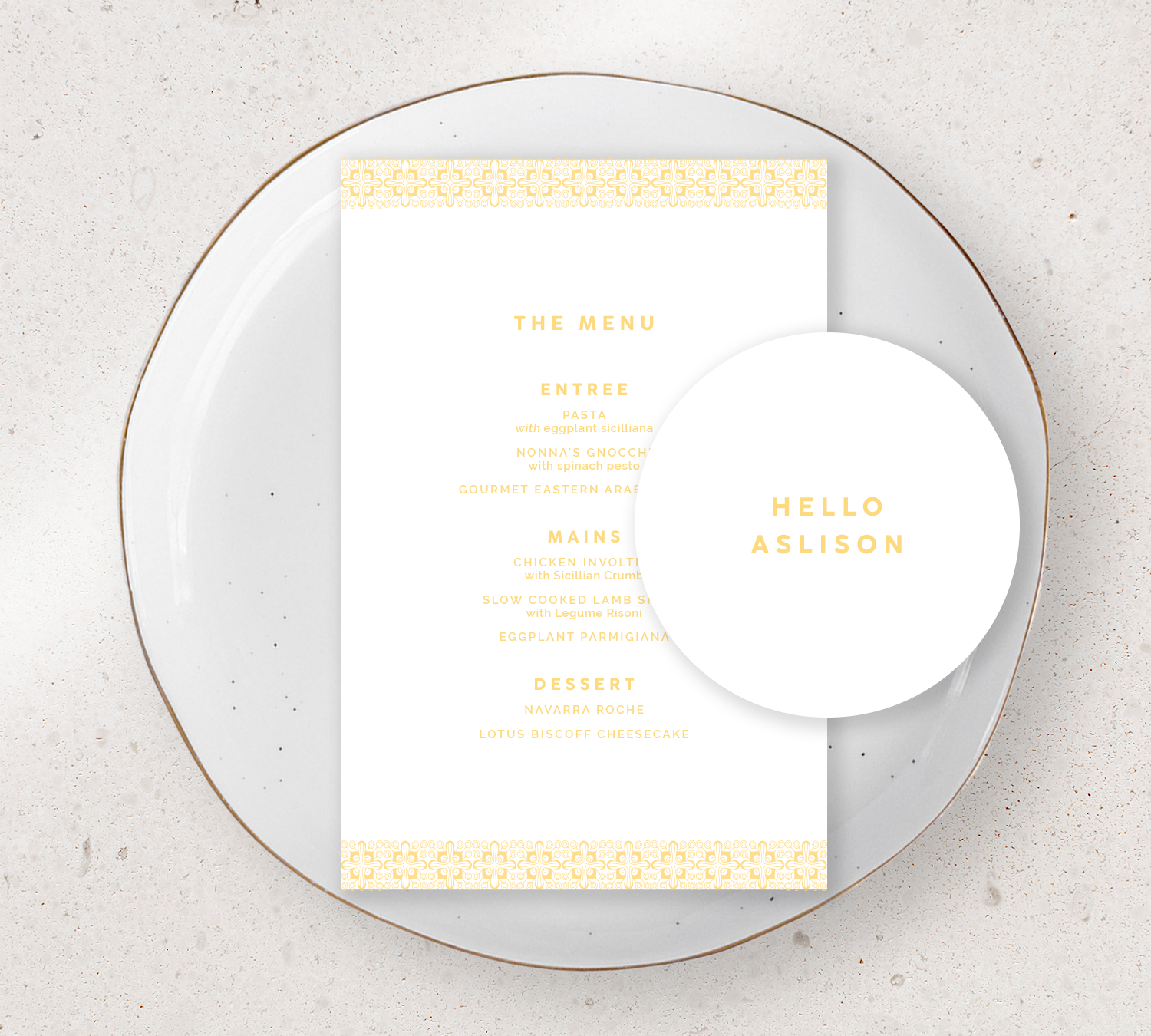 Place setting from our Grace collection - Guest Menu and Place Card Combo