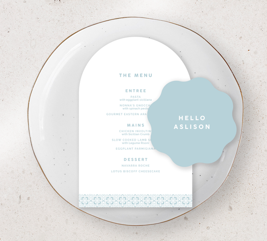 Place setting from our Grace collection - Guest Menu and Place Card Combo