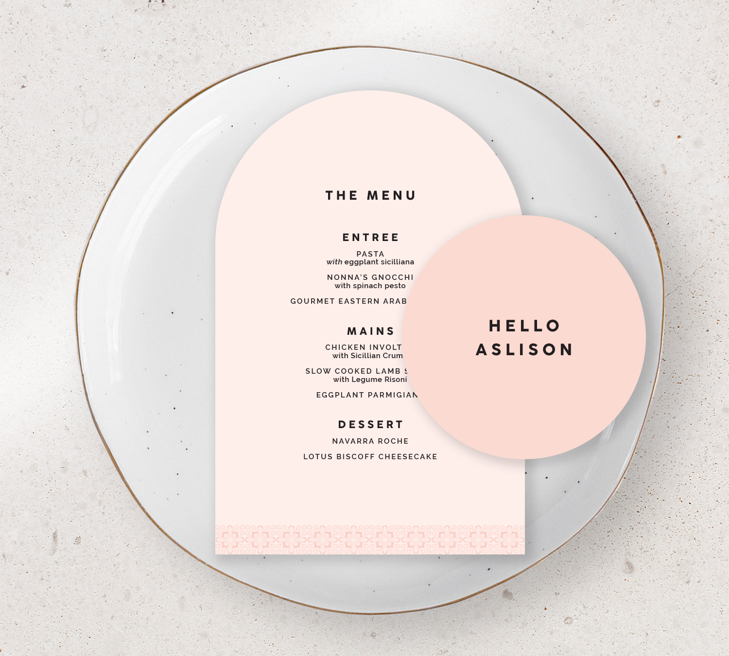 Place setting from our Grace collection - Guest Menu and Place Card Combo