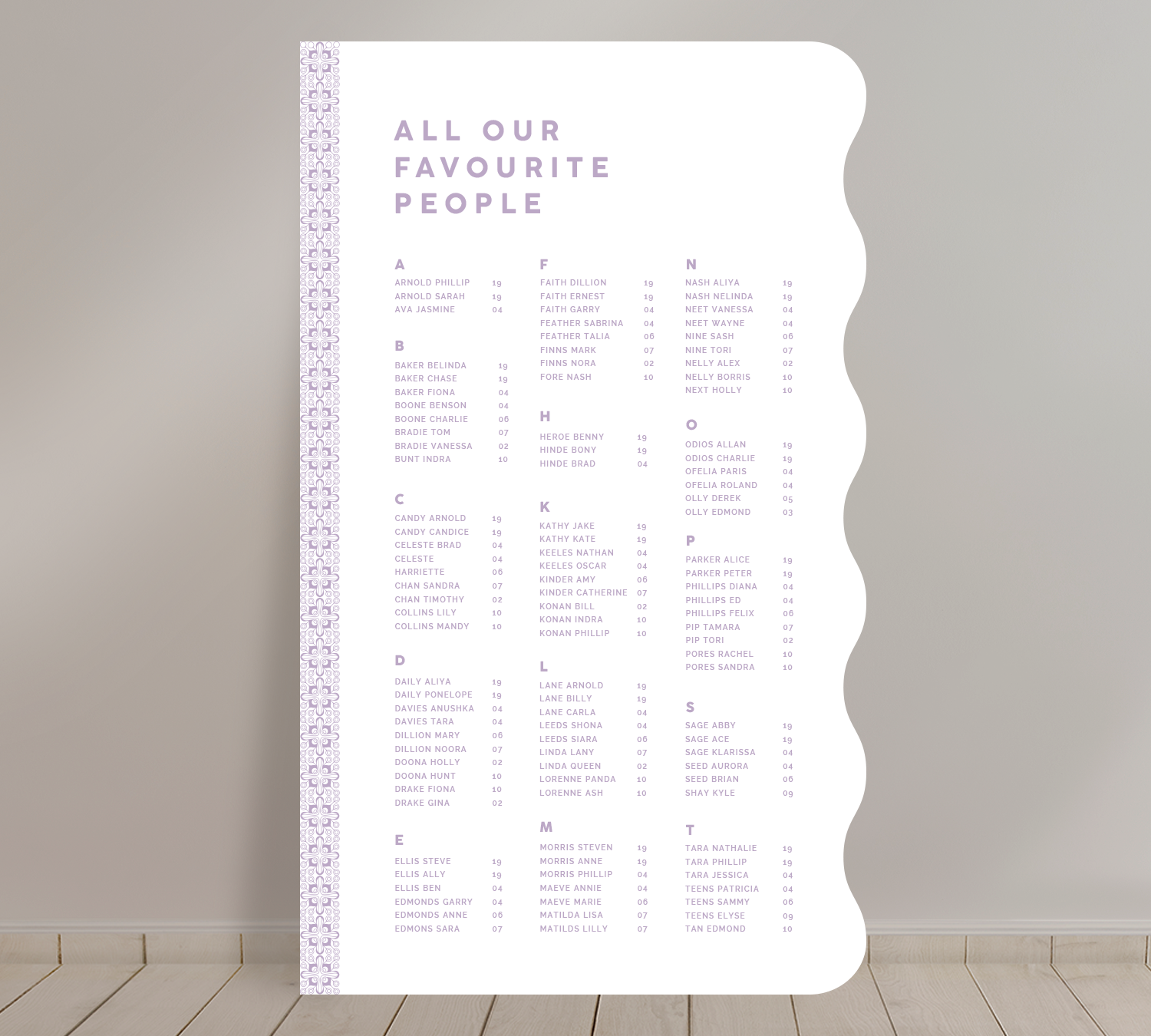 Tall A1 Guest Seating Chart from our Grace collection