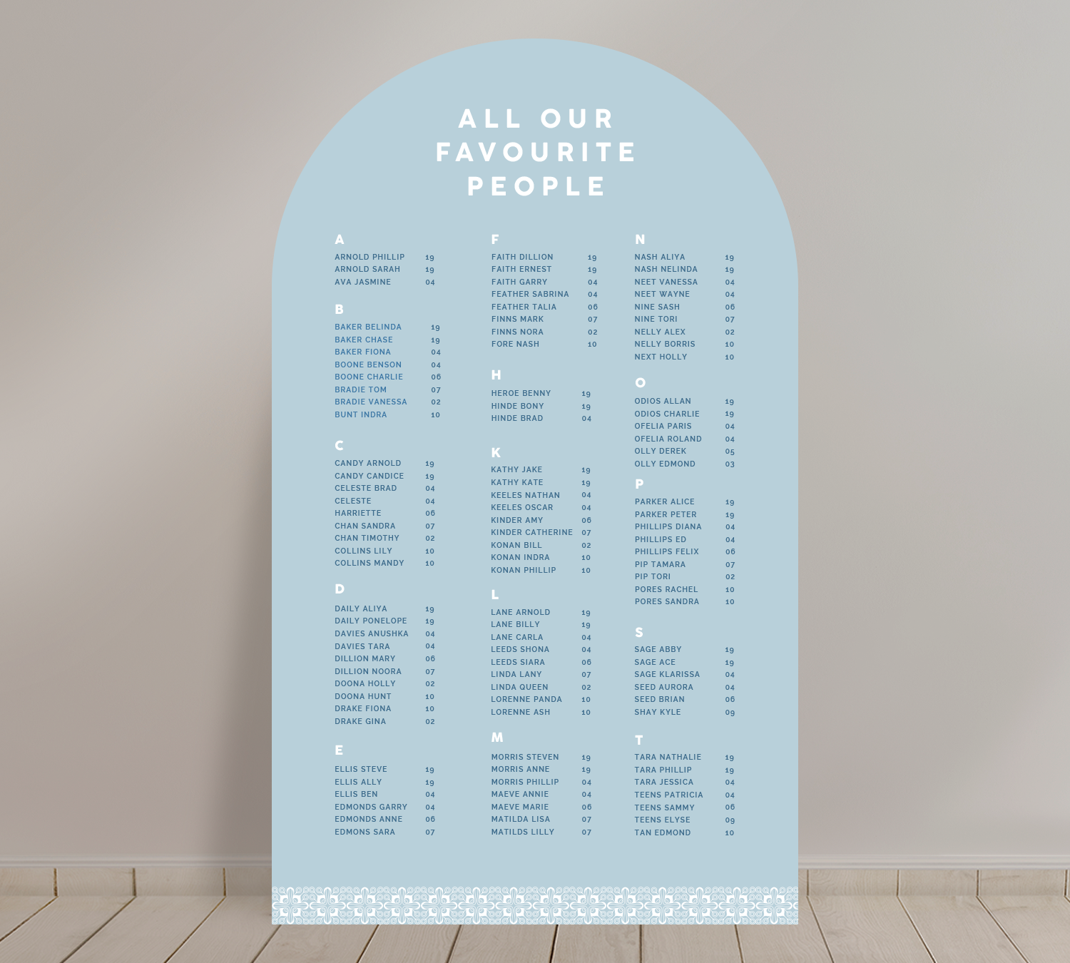 Tall A1 Guest Seating Chart from our Grace collection