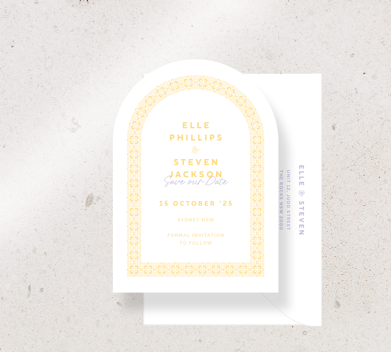 Arch Save the Date Announcement Card from our Grace Collection - Lemon Yellow ink on White card, paired here with a White envelope