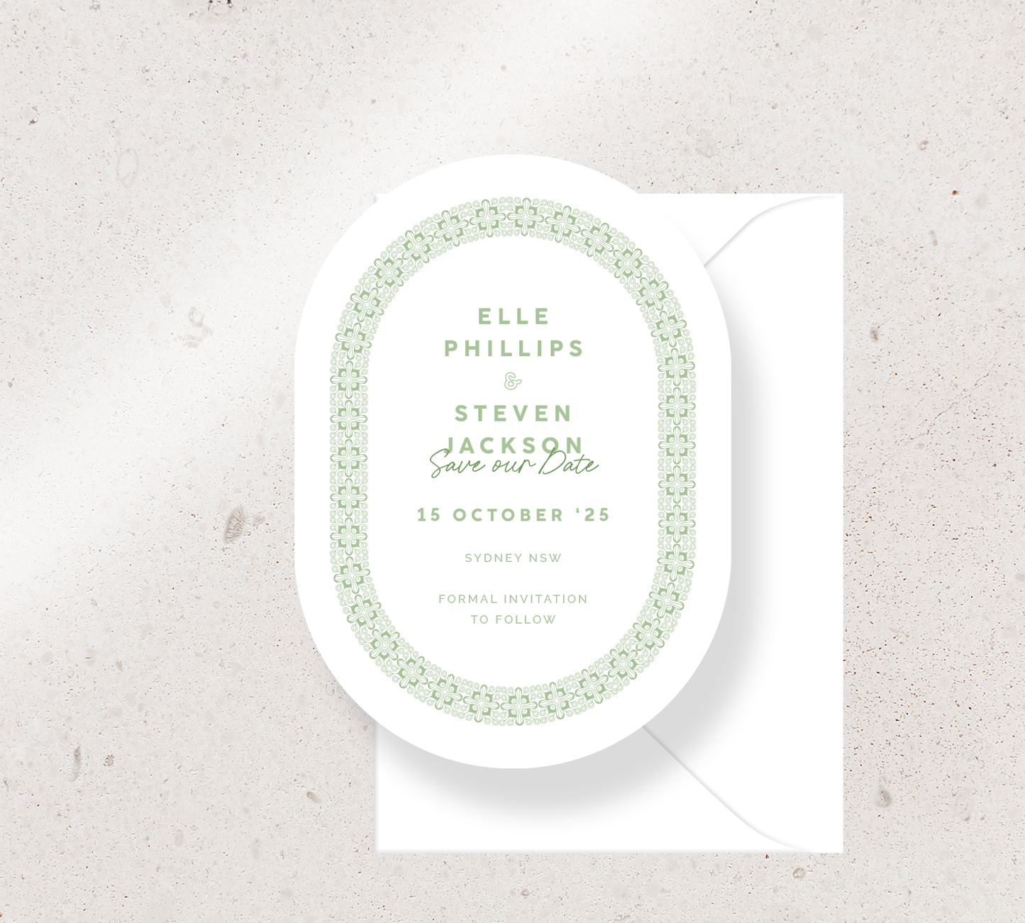 Oval Save the Date Announcement Card from our Grace Collection - Pear Green ink on White card, paired here with a White envelope