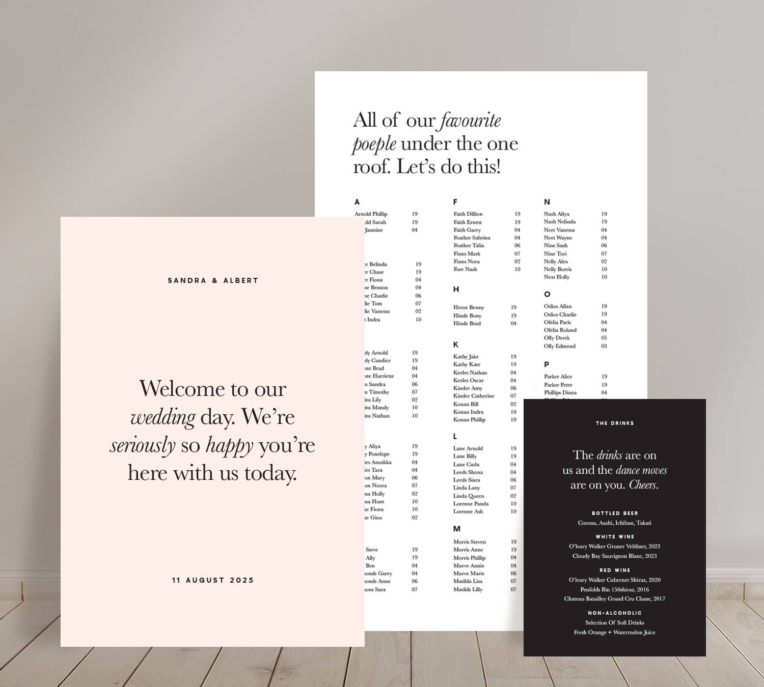 Cost effective Signage Trio from our Grande collection - Welcome sign, Seating chart & Bar Sign Combo