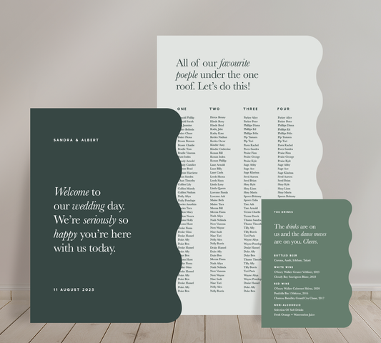 Cost effective Signage Trio from our Grande collection - Welcome sign, Seating chart & Bar Sign Combo
