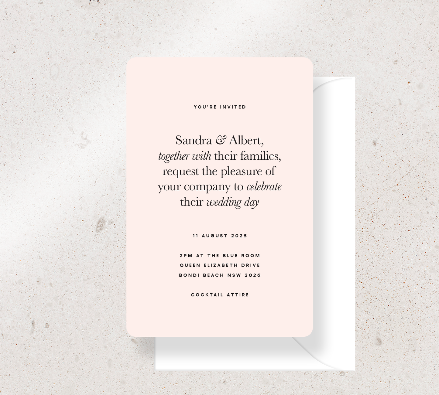 Customisable invitation design from our Grande collection - Black ink on Nude card, paired here with a white envelope