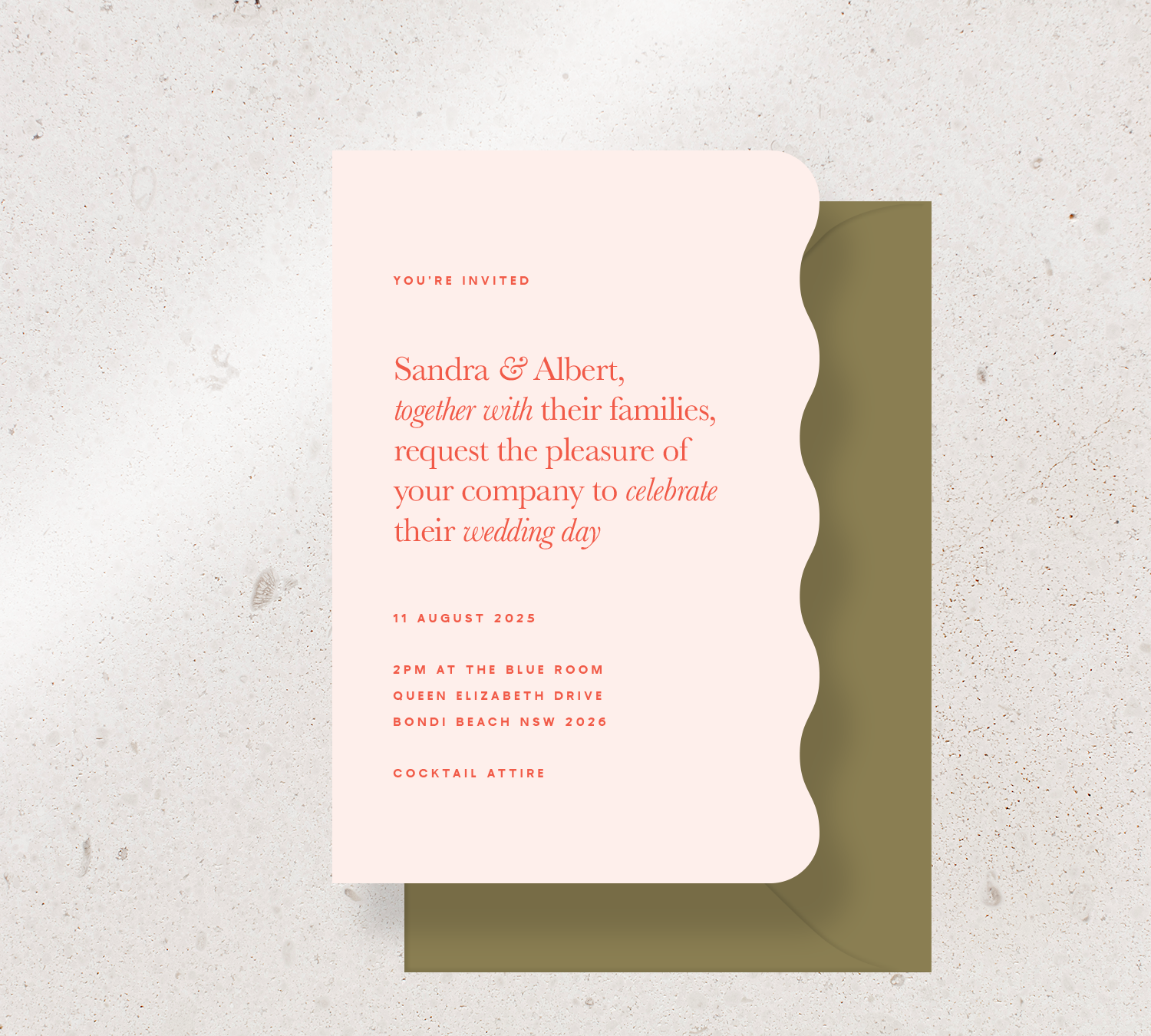 Customisable Wiggle shape invitation design from our Grande collection - Cayenne ink on Nude card, paired here with a Olive envelope