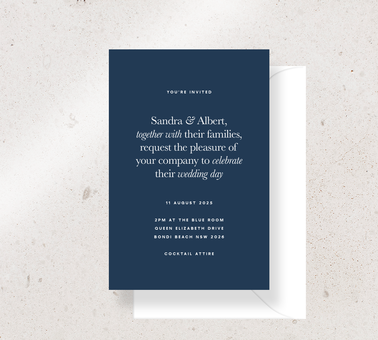 Customisable invitation design from our Grande collection - White ink on Navy card, paired here with a white envelope