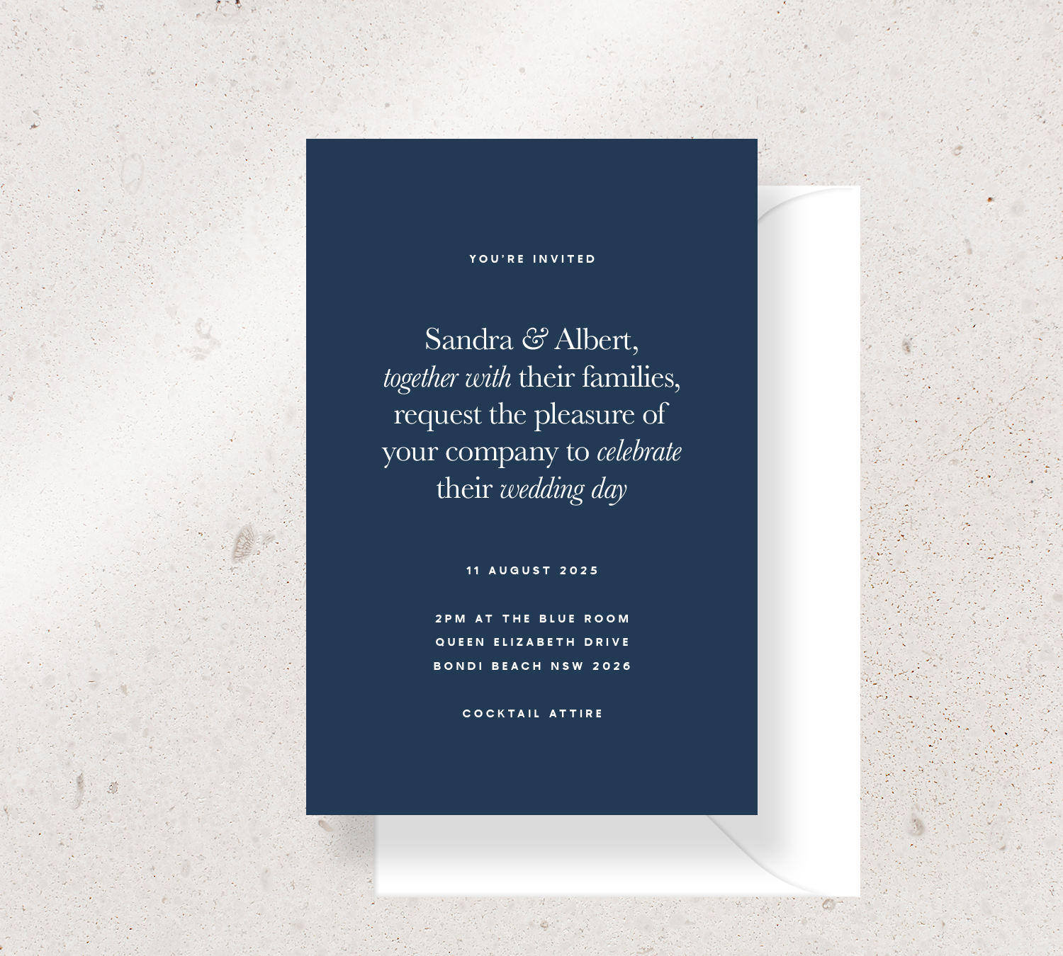 Customisable invitation design from our Grande collection - White ink on Navy card, paired here with a white envelope