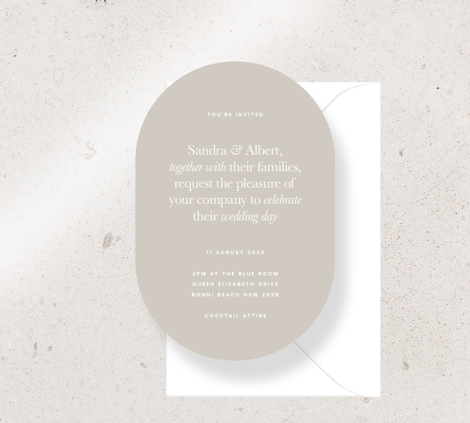 Customisable Oval invitation design from our Grande collection - White ink on Stone card, paired here with a white envelope