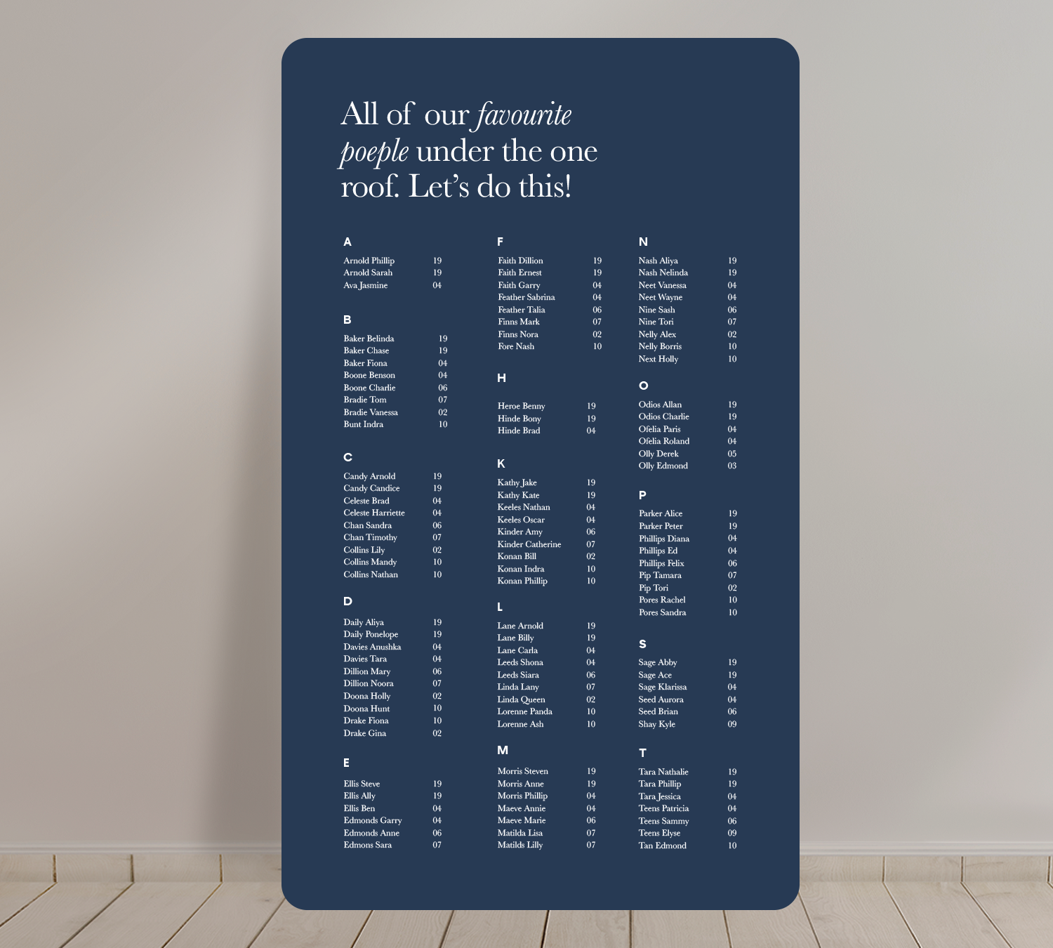 Tall A1 Guest Seating Chart from our Grande collection