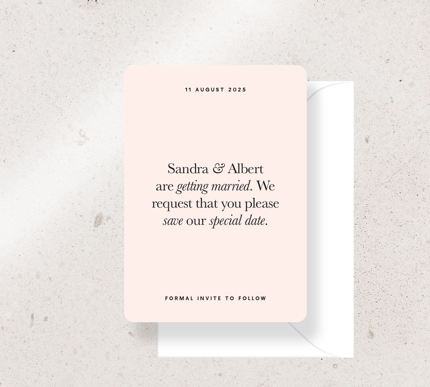 Save the Date Announcement Card from our Grande Collection - Black ink on Nude card, paired here with a White envelope