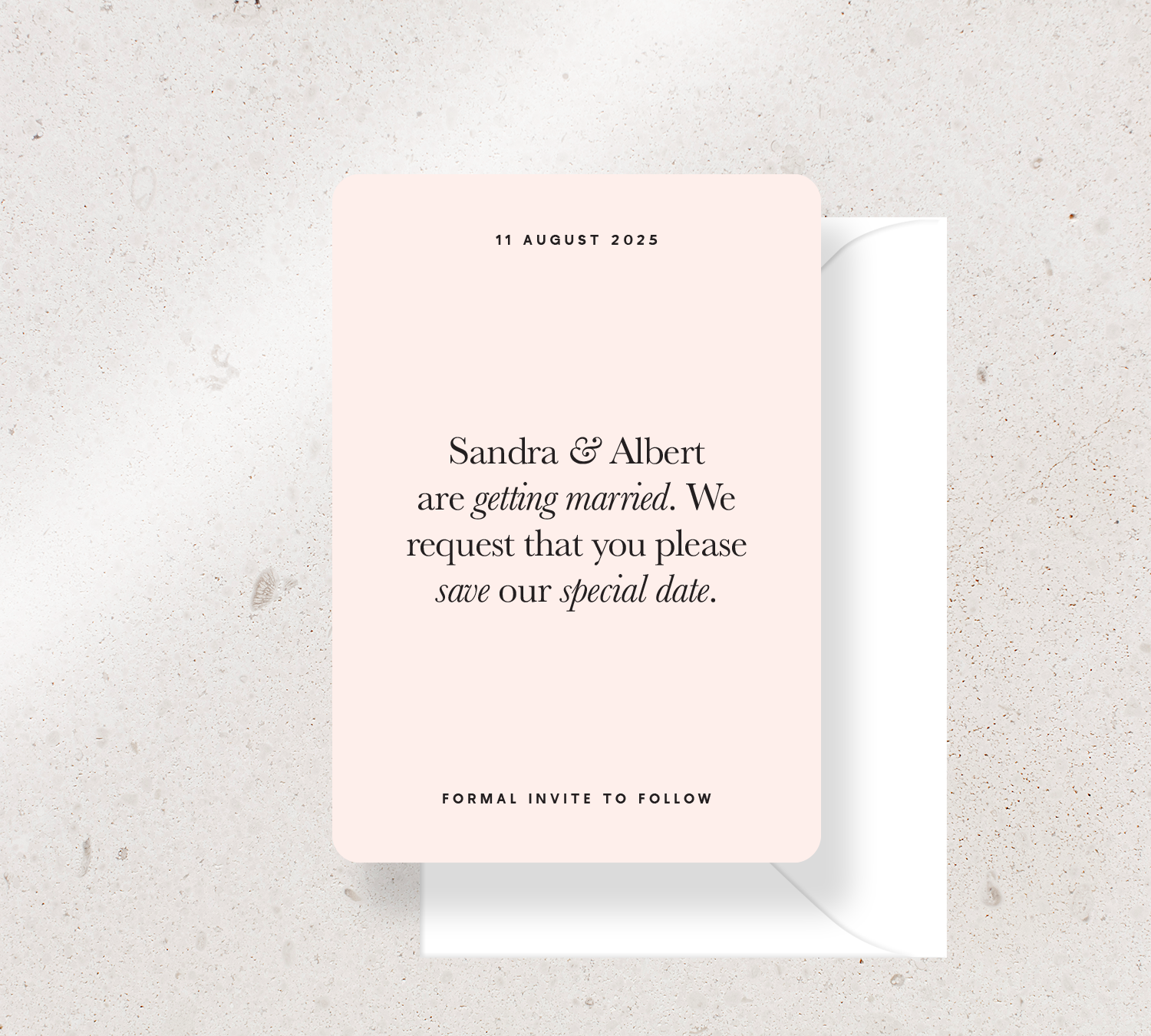 Save the Date Announcement Card from our Grande Collection - Black ink on Nude card, paired here with a White envelope