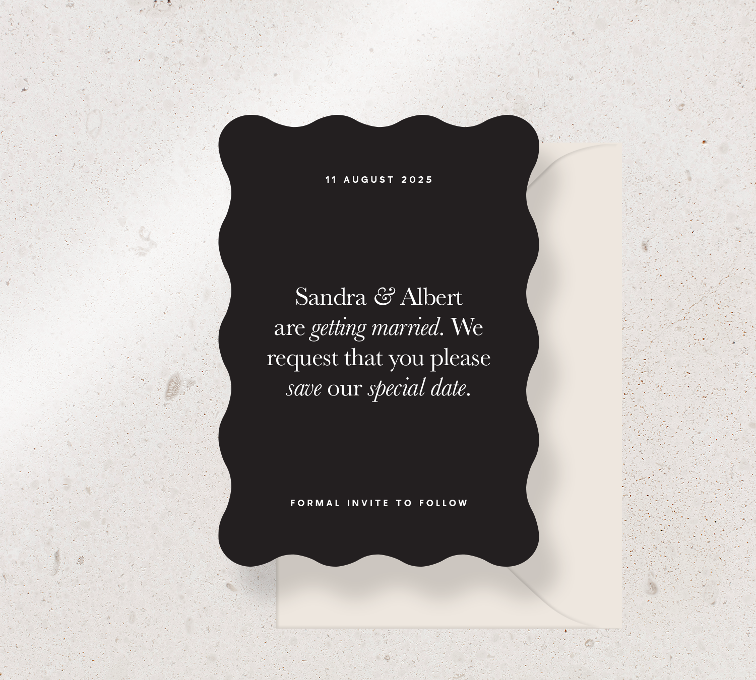 Wave Save the Date Announcement Card from our Grande Collection - White ink on Black card, paired here with an Almond envelope