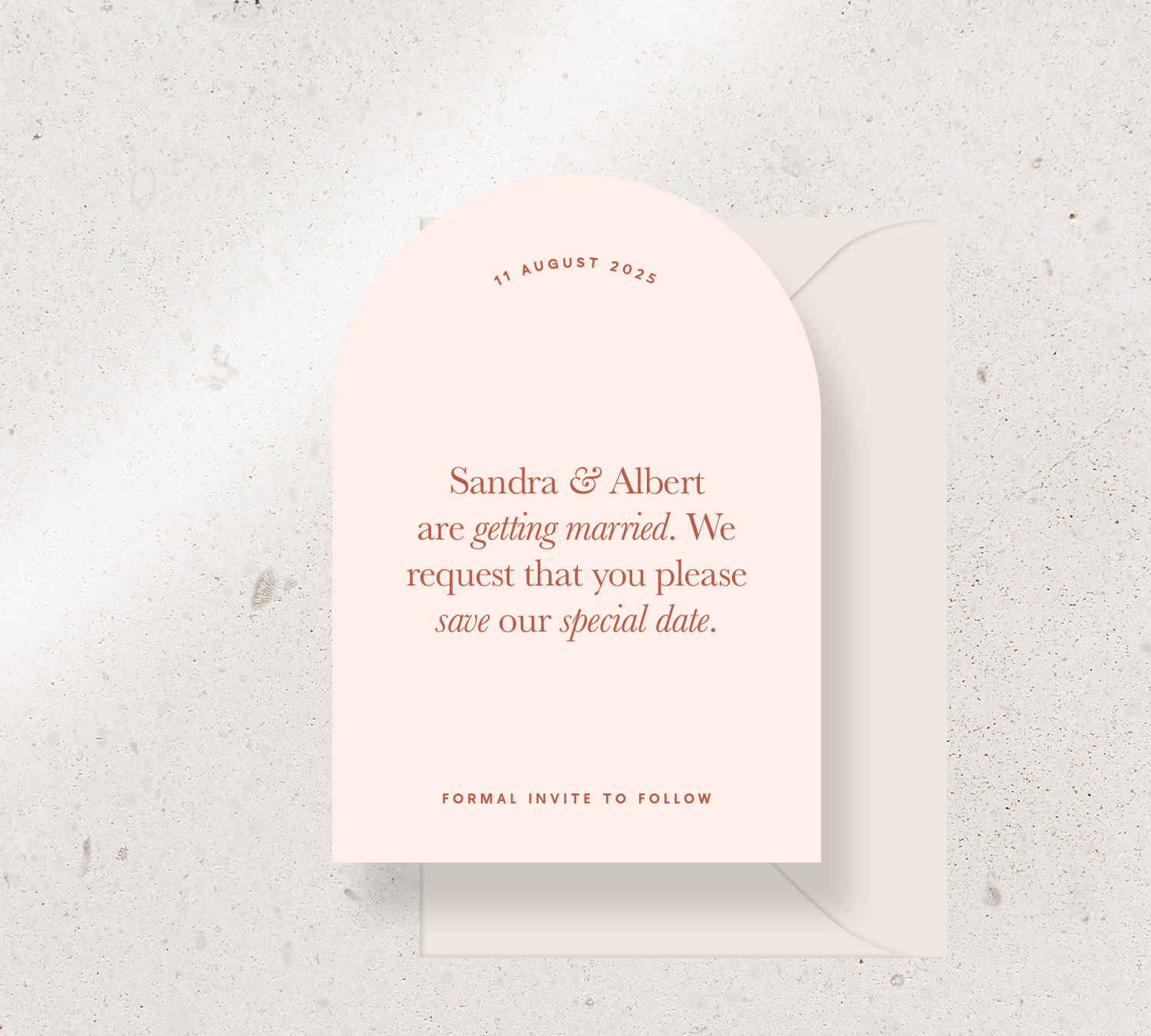Arch Save the Date Announcement Card from our Grande Collection - Clay ink on Nude card, paired here with an Almond envelope