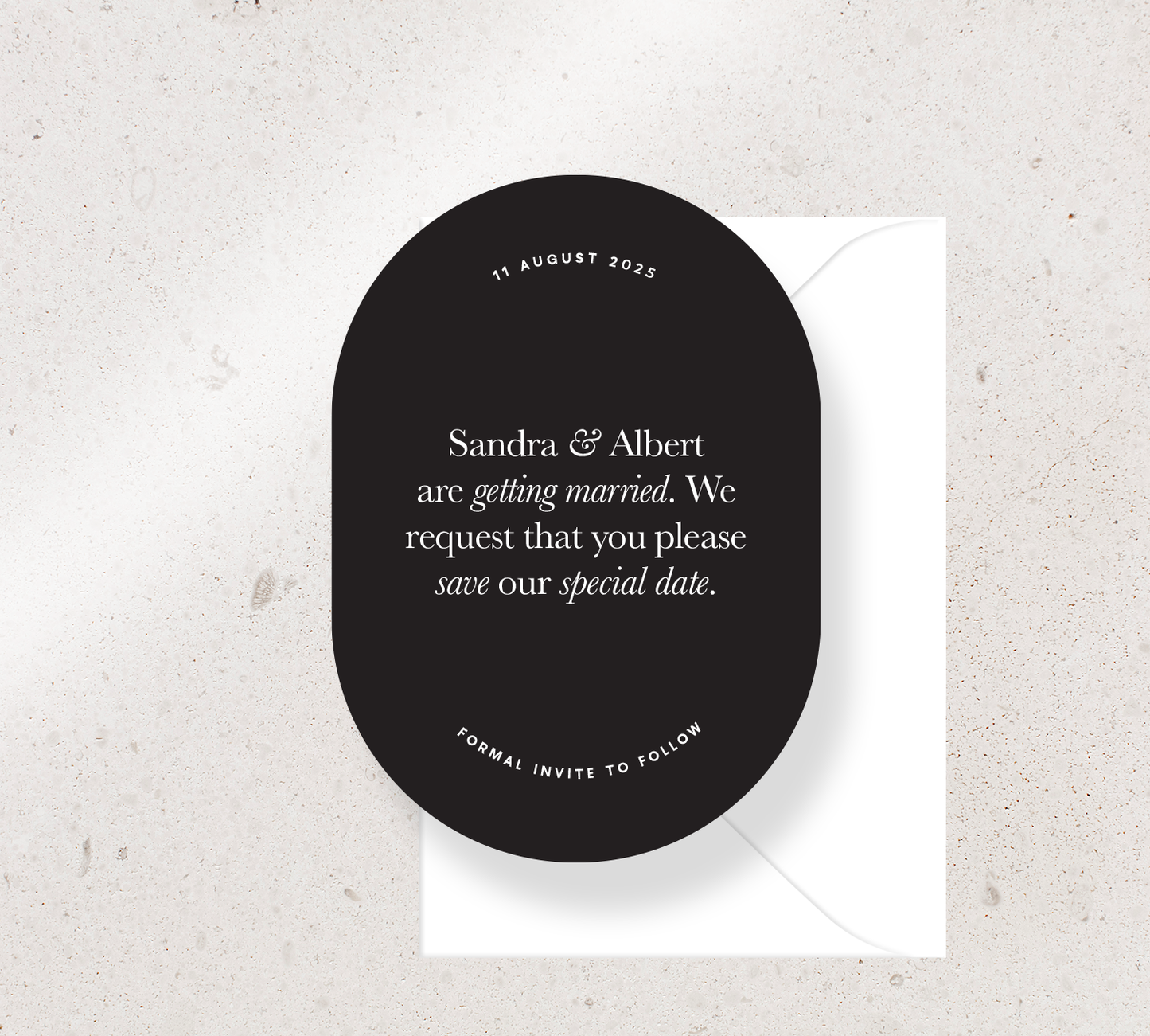 Oval Save the Date Announcement Card from our Grande Collection - White ink on Black card, paired here with a White envelope