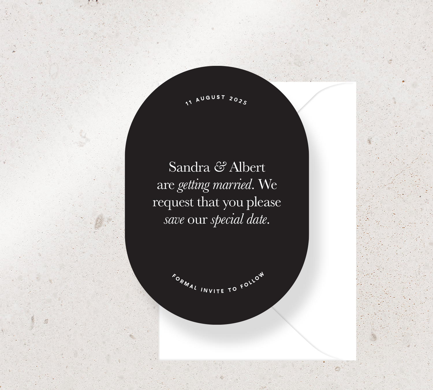 Oval Save the Date Announcement Card from our Grande Collection - White ink on Black card, paired here with a White envelope