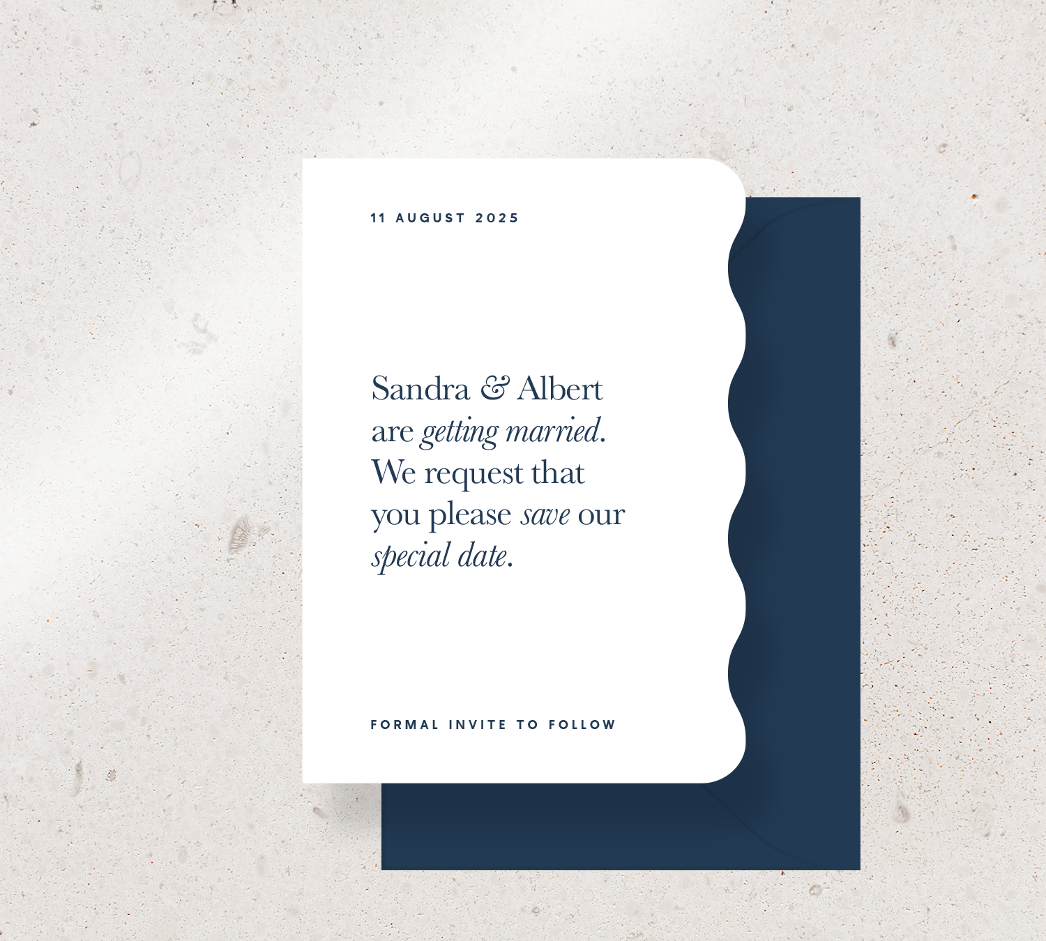 Wiggle shape Save the Date Announcement Card from our Grande Collection - Navy ink on White card, paired here with a Navy envelope
