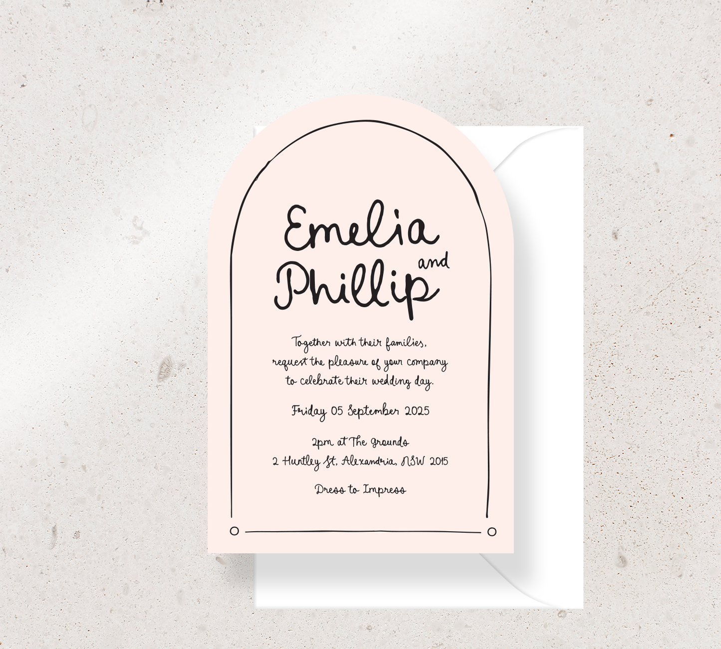 Customisable Arch invitation design from our Limoncello collection - Black ink on Nude card, paired here with a White envelope