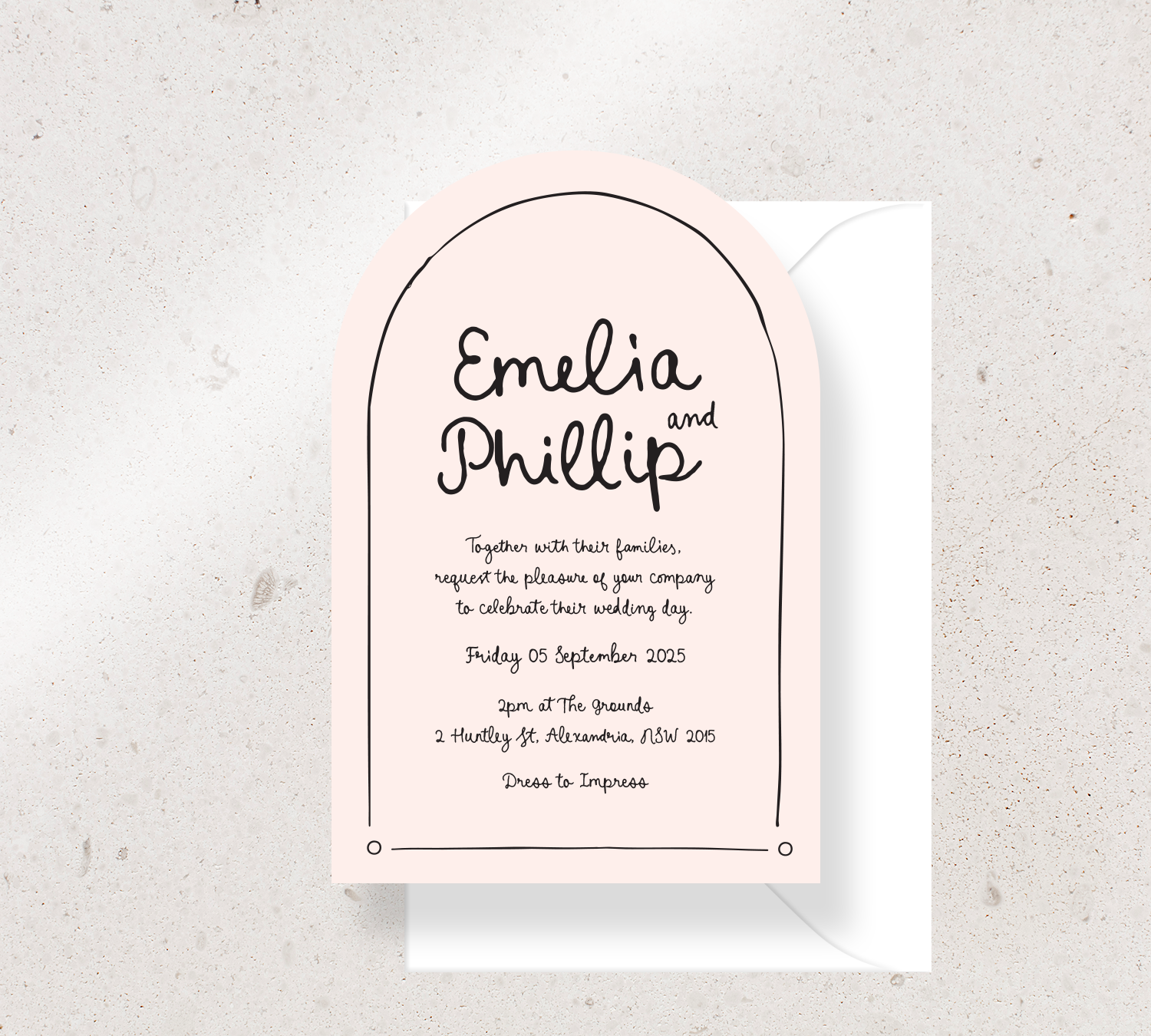 Customisable Arch invitation design from our Limoncello collection - Black ink on Nude card, paired here with a White envelope