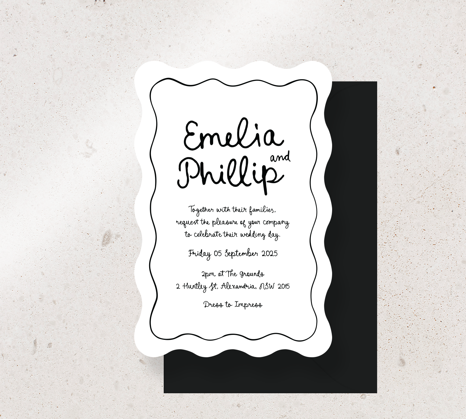 Customisable Wave invitation design from our Limoncello collection - Black ink on White card, paired here with a Black envelope
