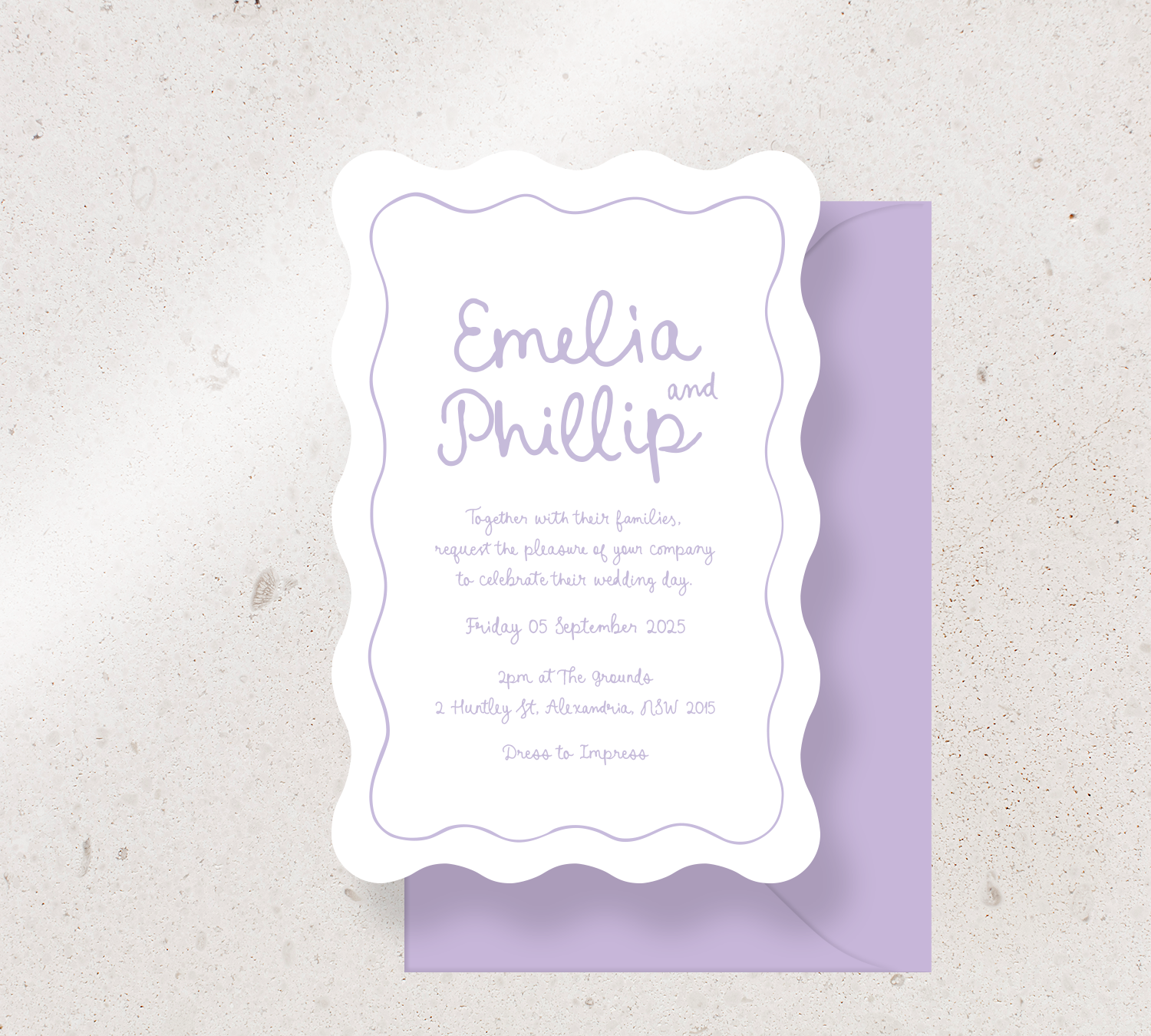Customisable Wave invitation design from our Limoncello collection - Mauve ink on White card, paired here with a Mauve envelope
