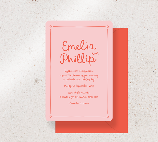 Customisable invitation design from our Limoncello collection - Cayenne ink on Rosa card, paired here with a Cayenne envelope