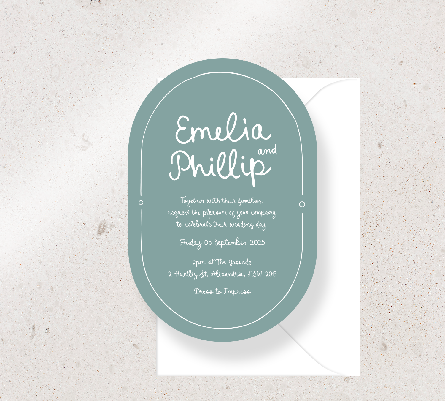 Customisable Oval invitation design from our Limoncello collection - White ink on Sage card, paired here with a White envelope