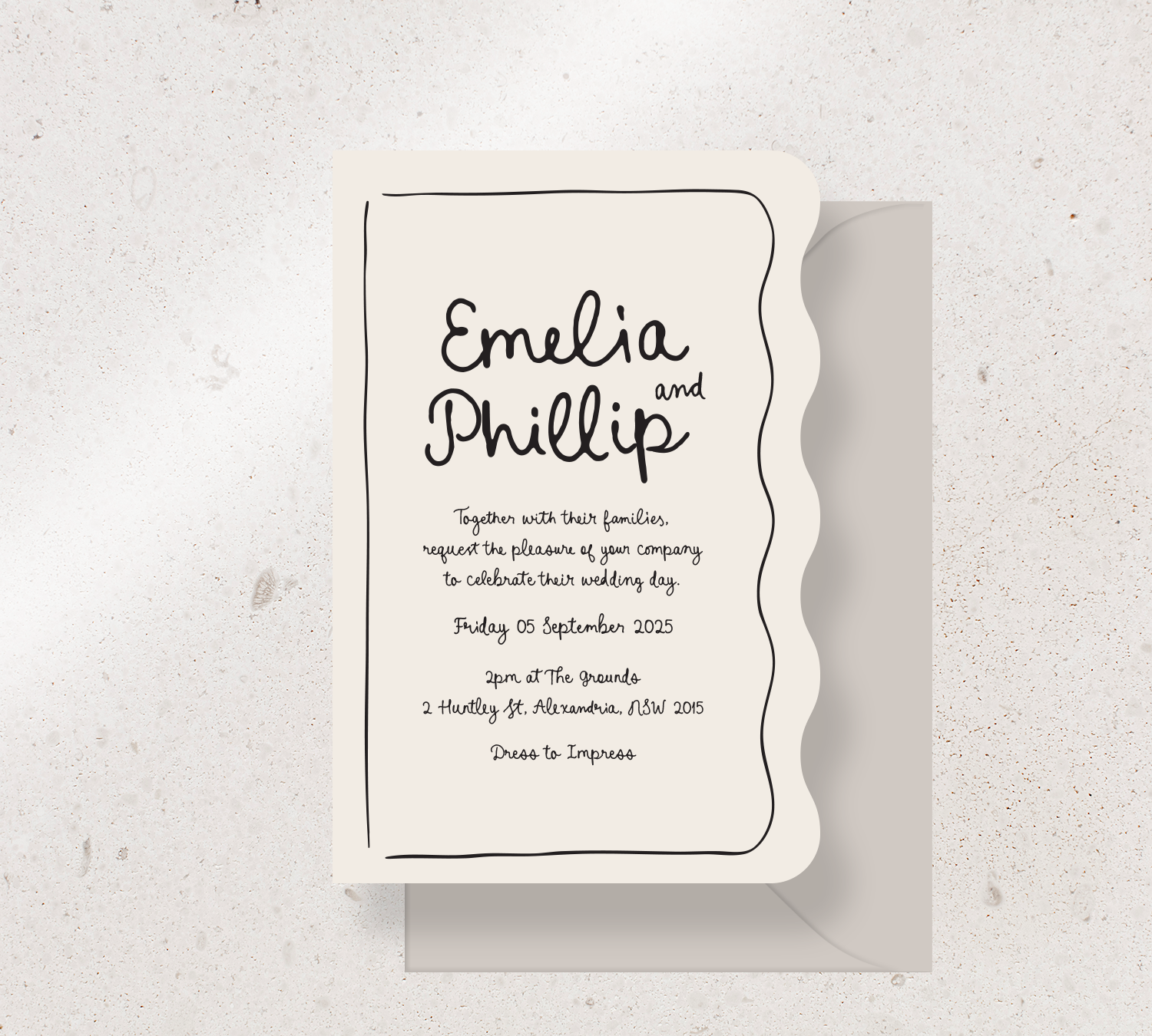 Customisable invitation design from our Limoncello collection - Black ink on Almond card, paired here with a Stone envelope