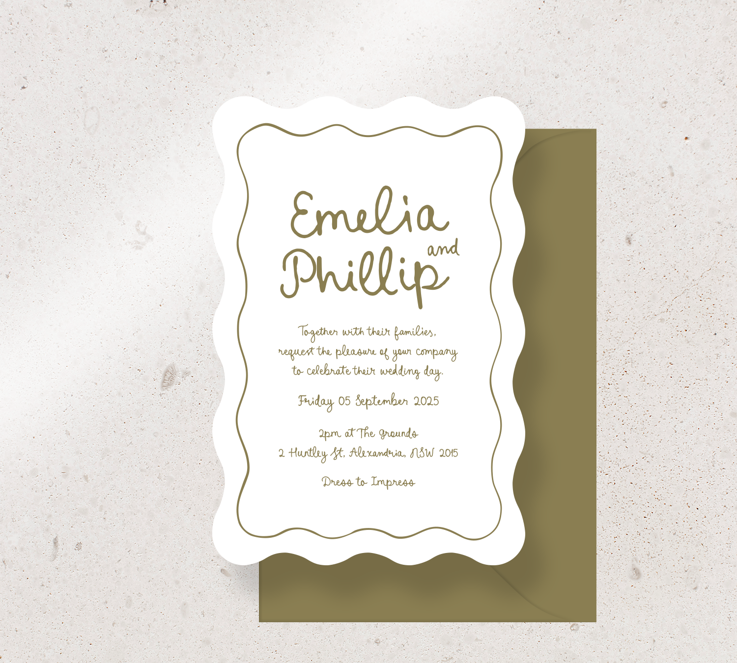 Customisable Wave invitation design from our Limoncello collection - Olive ink on White card, paired here with an Olive envelope