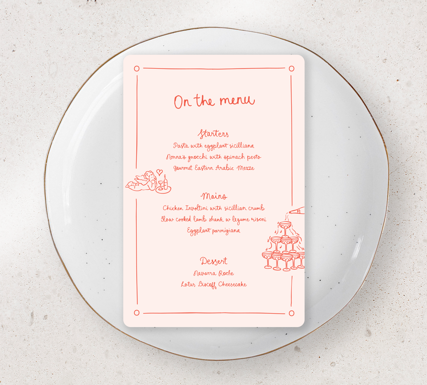 Guest menu from our limoncello collection - Cayenne ink on Nude card
