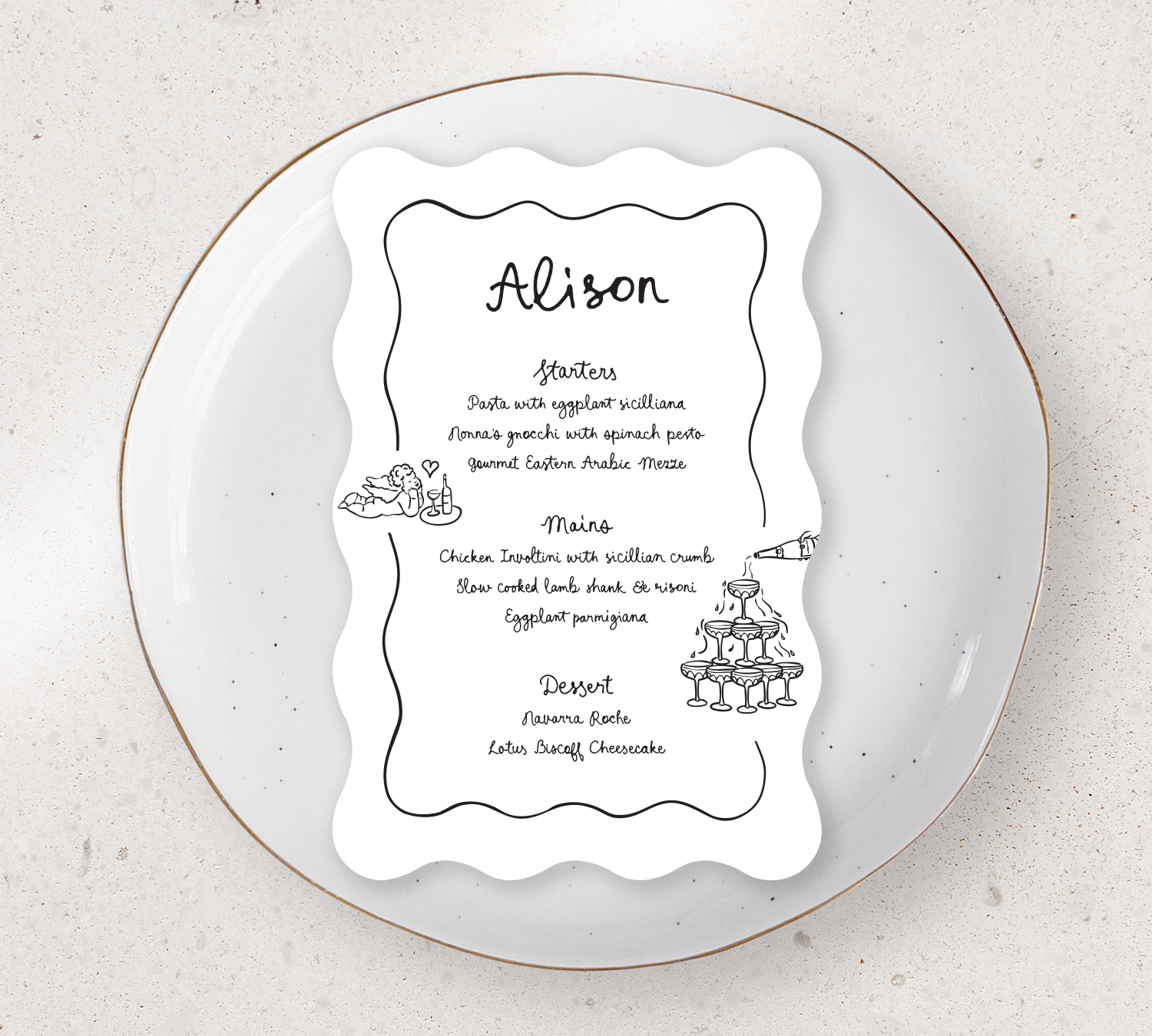 Wave Guest menu from our limoncello collection - Black ink on white card