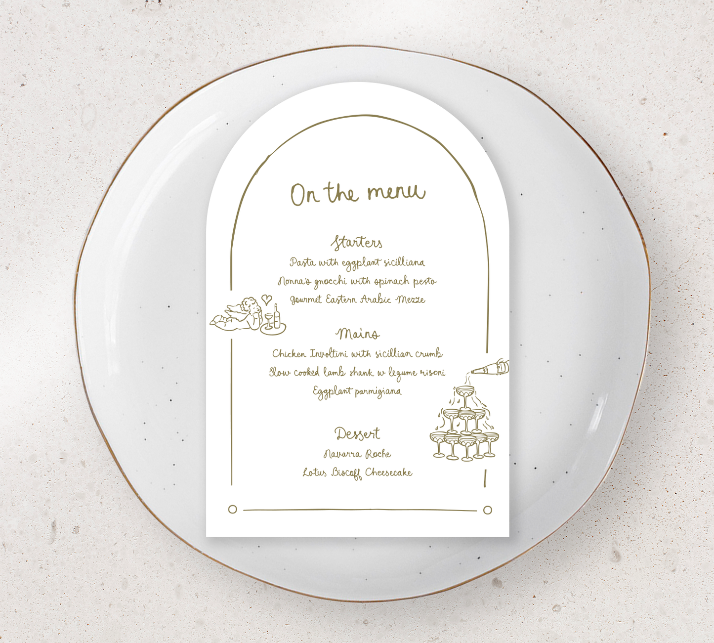 Arch Guest menu from our limoncello collection - Olive ink on white card