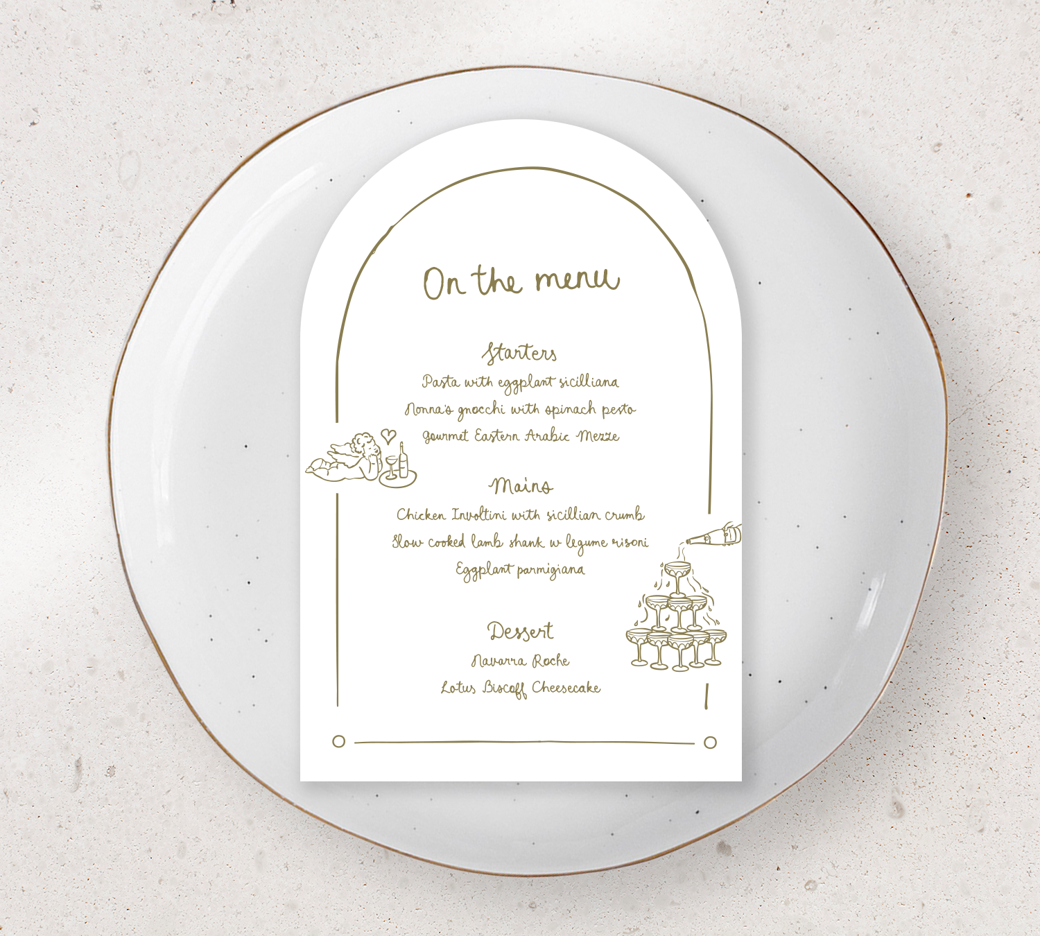Arch Guest menu from our limoncello collection - Olive ink on white card