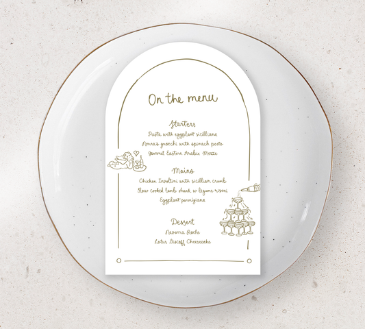 Arch Guest menu from our limoncello collection - Olive ink on white card